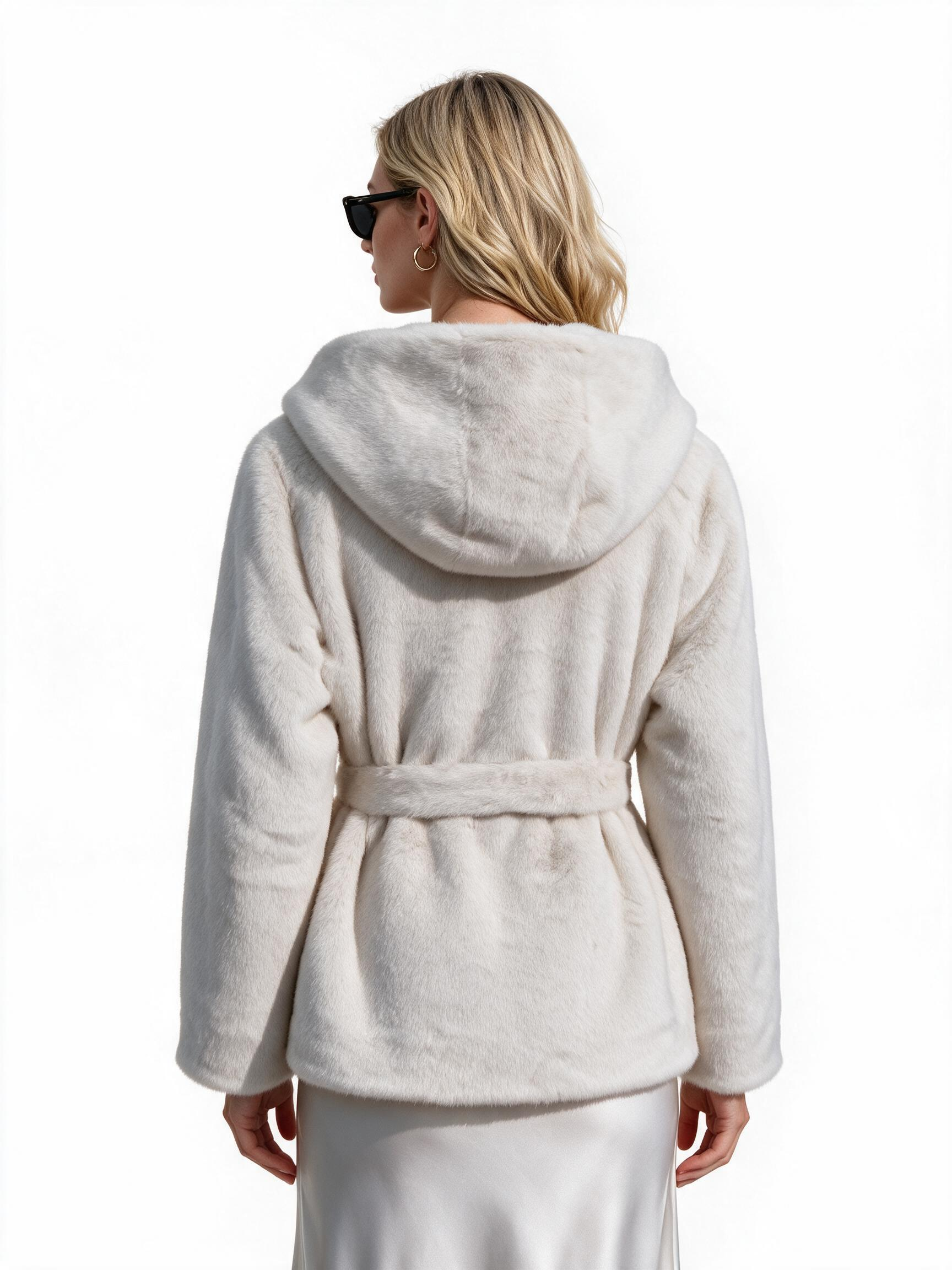 Women's Belted Hooded Faux Fur Coat with Lapel Collar