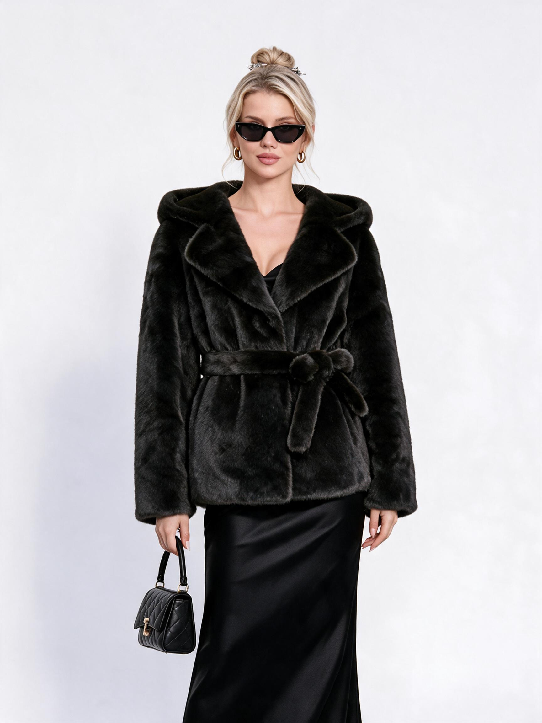 Women's Belted Hooded Faux Fur Coat with Lapel Collar