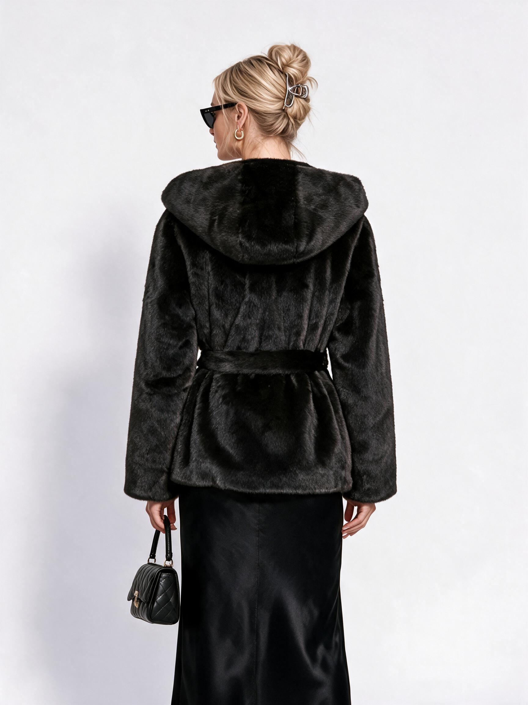 Women's Belted Hooded Faux Fur Coat with Lapel Collar