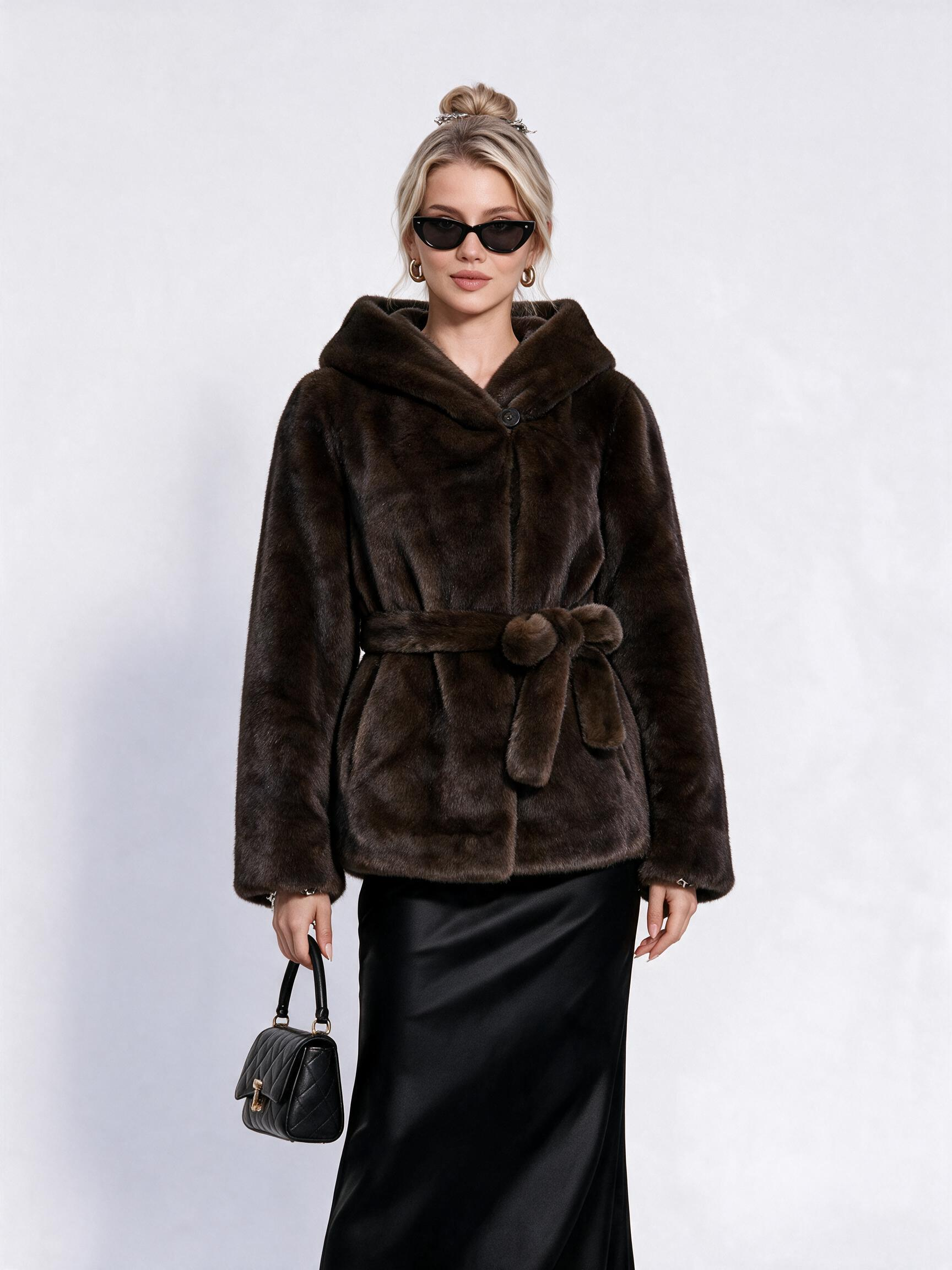 Women's Belted Hooded Faux Fur Coat
