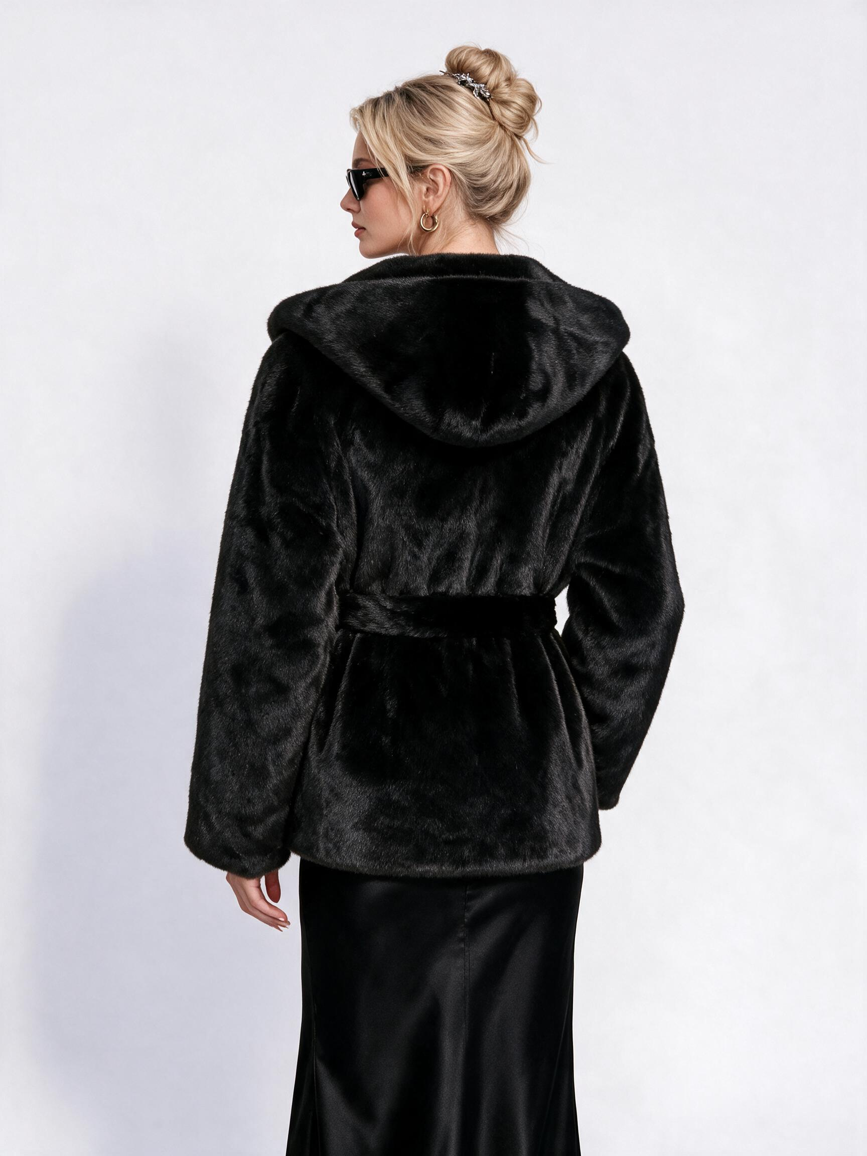 Women's Belted Hooded Faux Fur Coat
