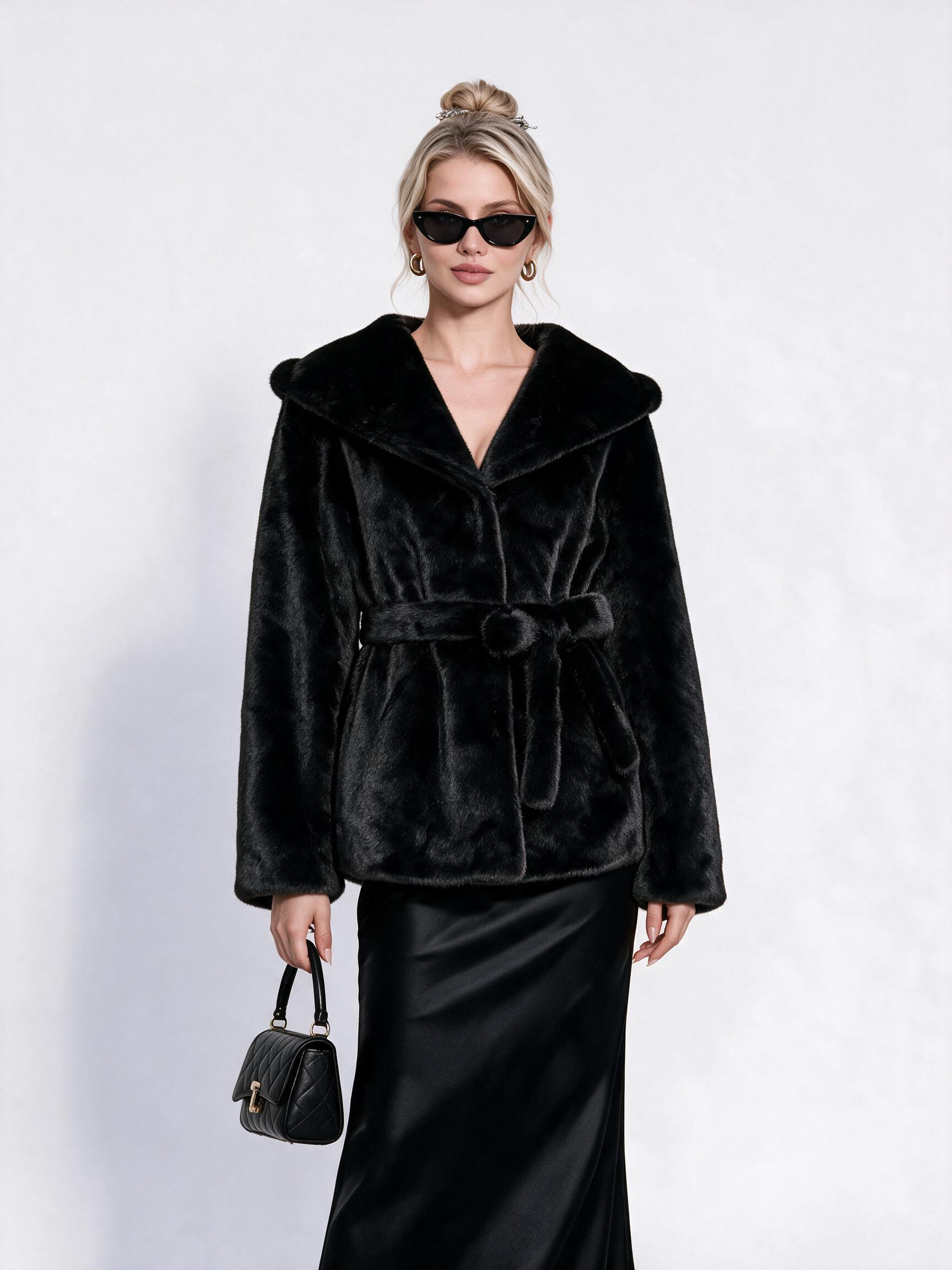 Women's Belted Hooded Faux Fur Coat