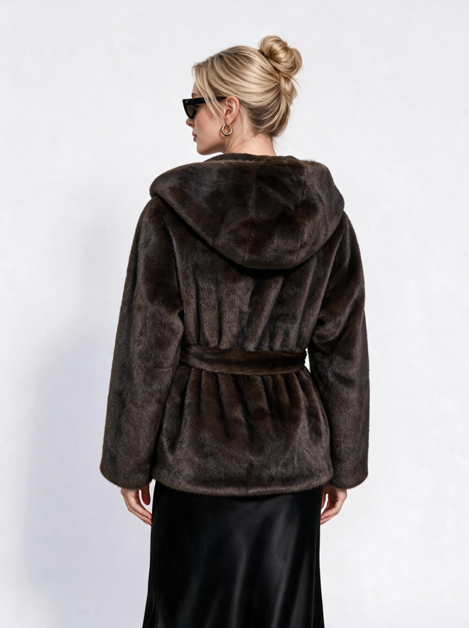 Women's Belted Hooded Faux Fur Coat