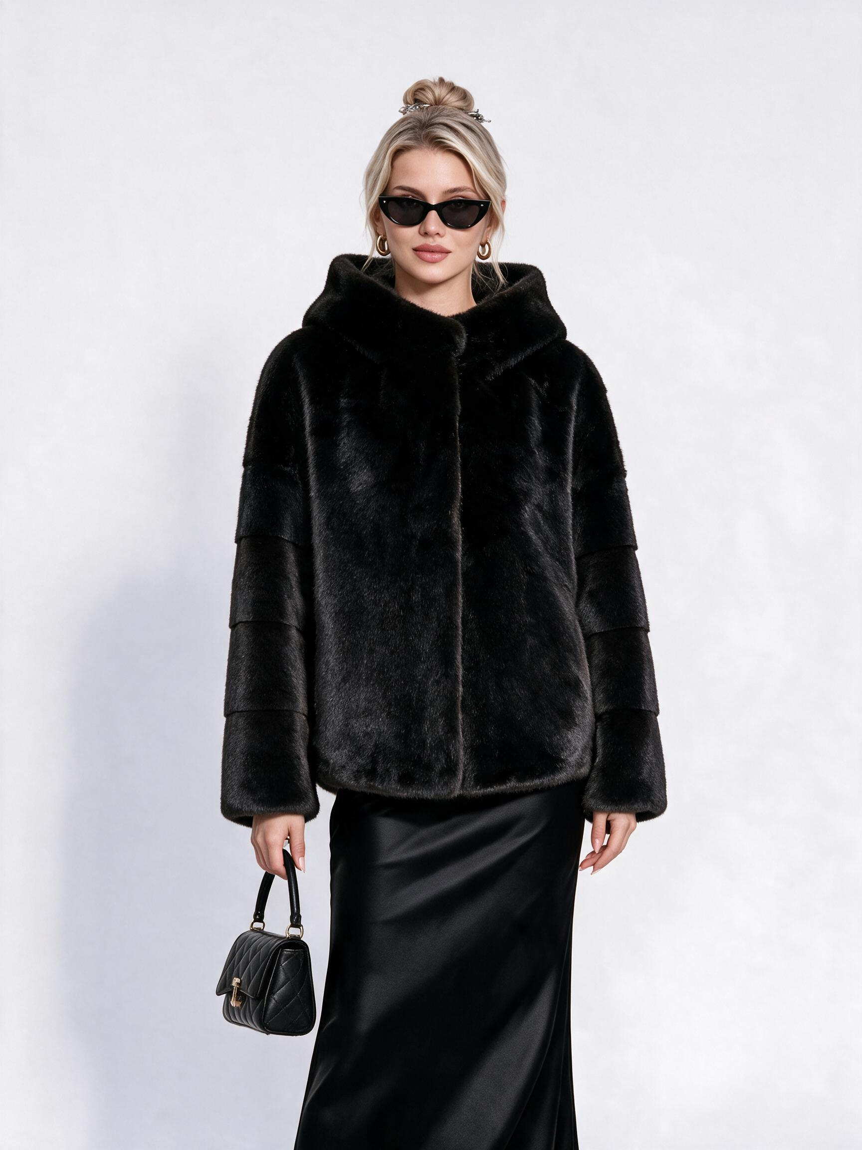 Women's Hooded Short Faux Fur Coat with Tiered Sleeves