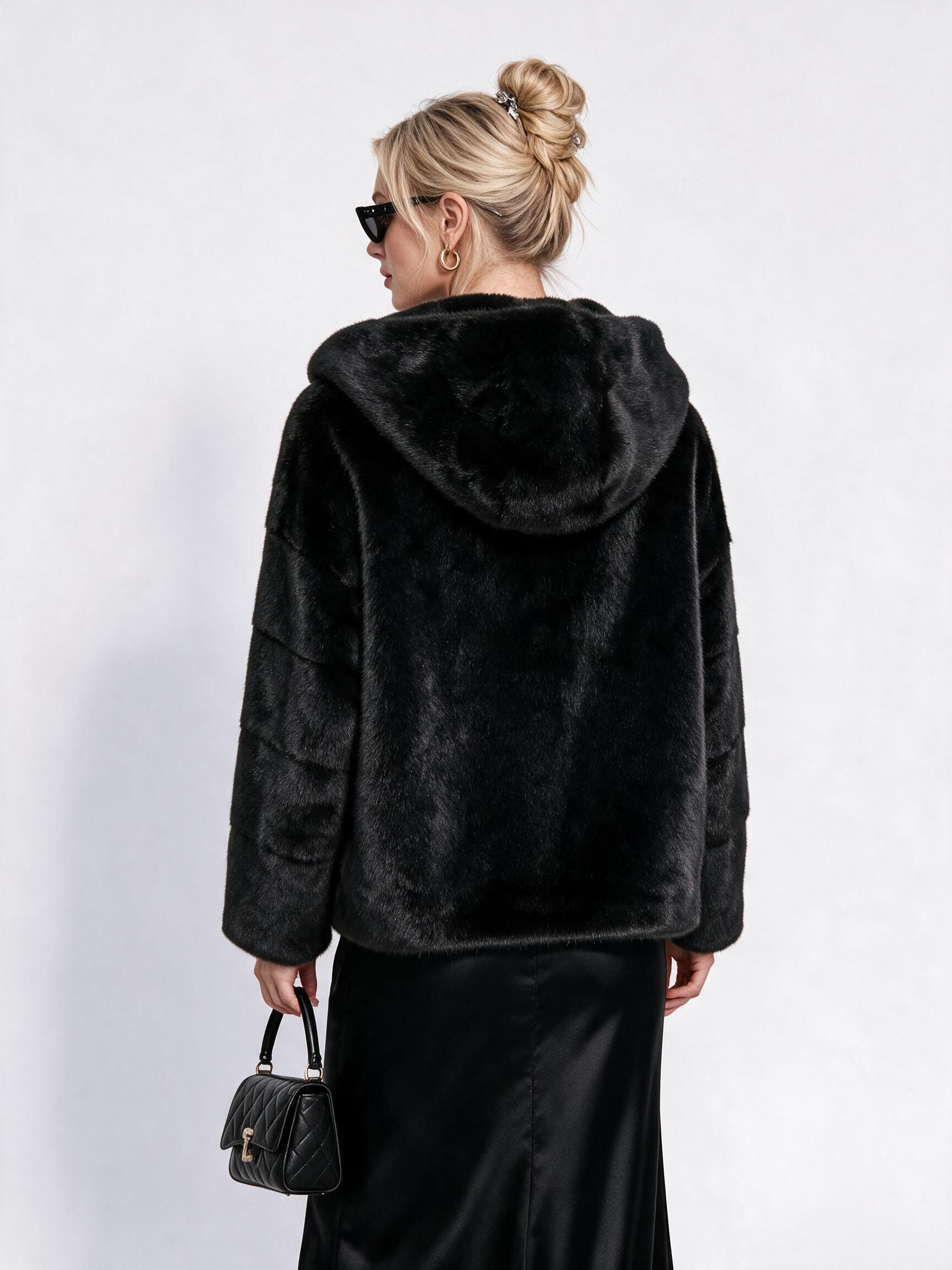 Women's Hooded Short Faux Fur Coat with Tiered Sleeves