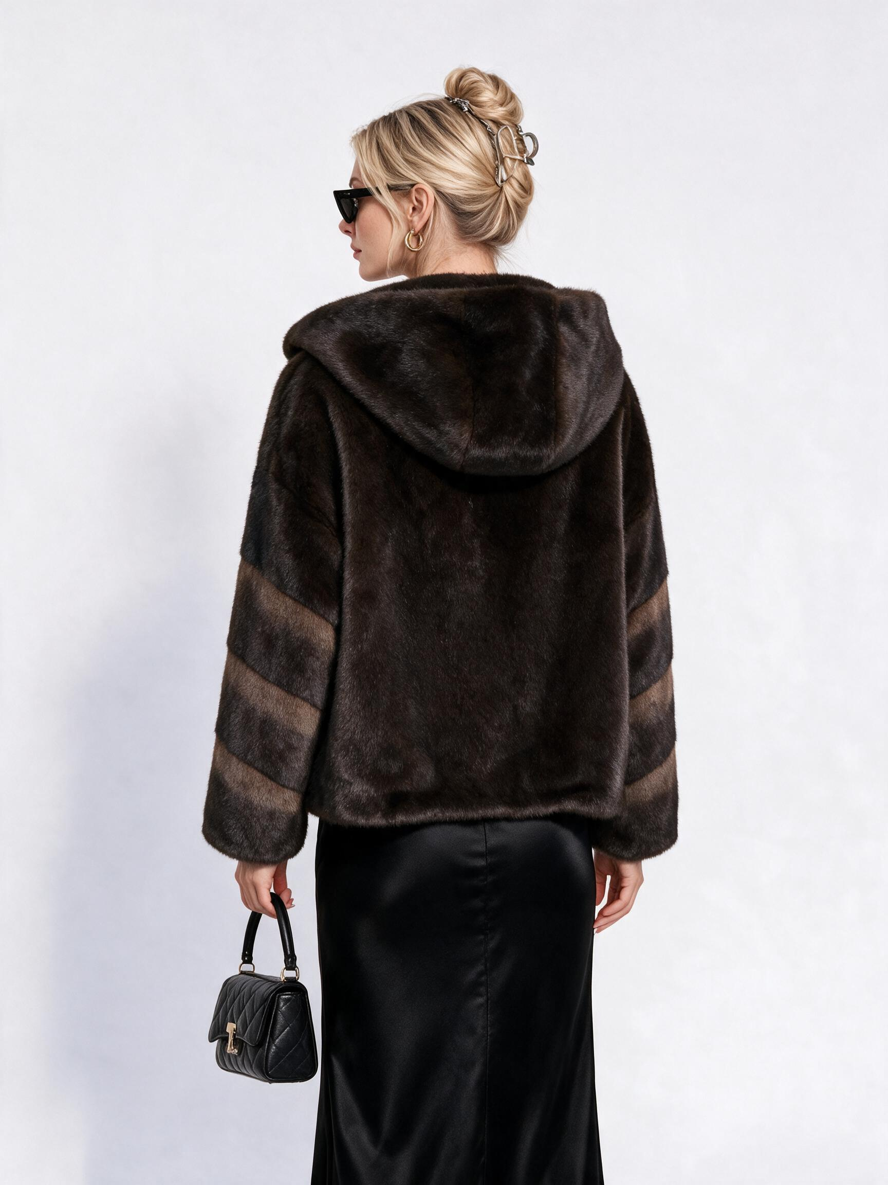 Women's Hooded Short Faux Fur Coat with Tiered Sleeves
