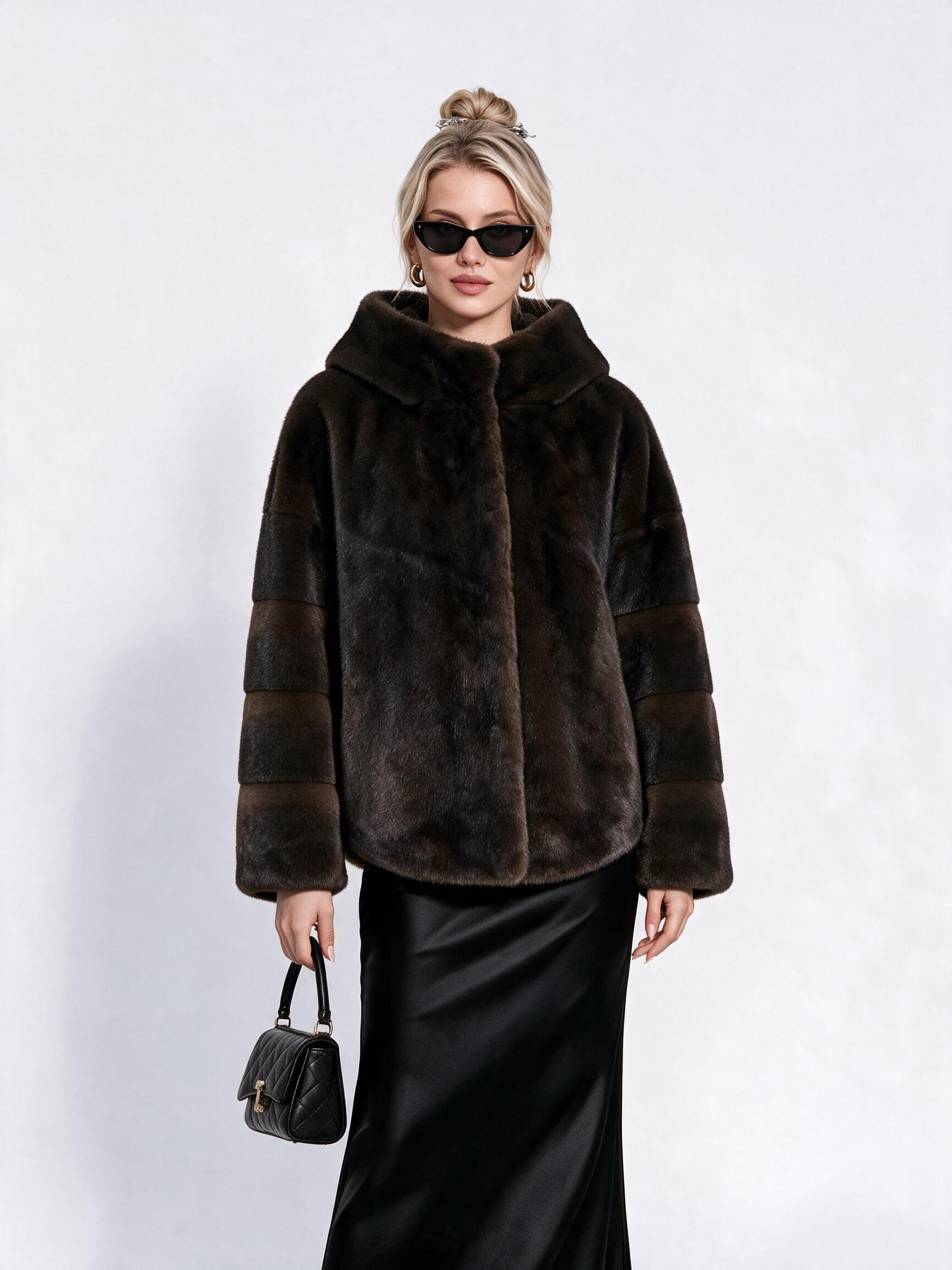 Women's Hooded Short Faux Fur Coat with Tiered Sleeves