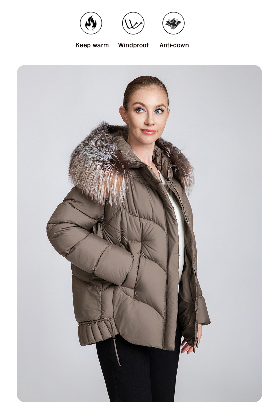 Warm and thickened women's short down jacket with fur collar