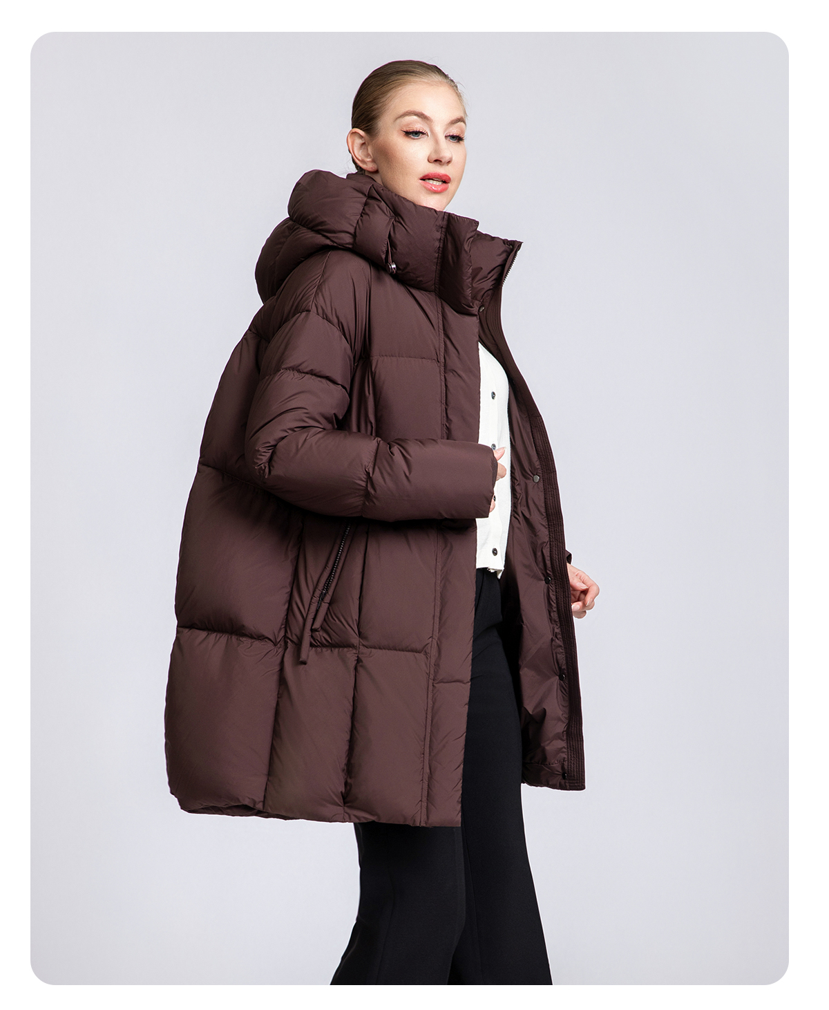 Women's Mid-Length Minimalist 90% Duck Down Hooded Jacket
