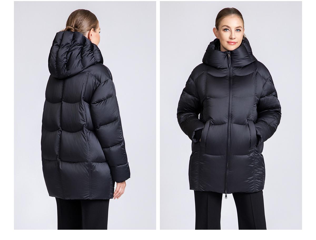 Women's Mid-Length Box Quilted 90% Duck Down Hooded Jacket