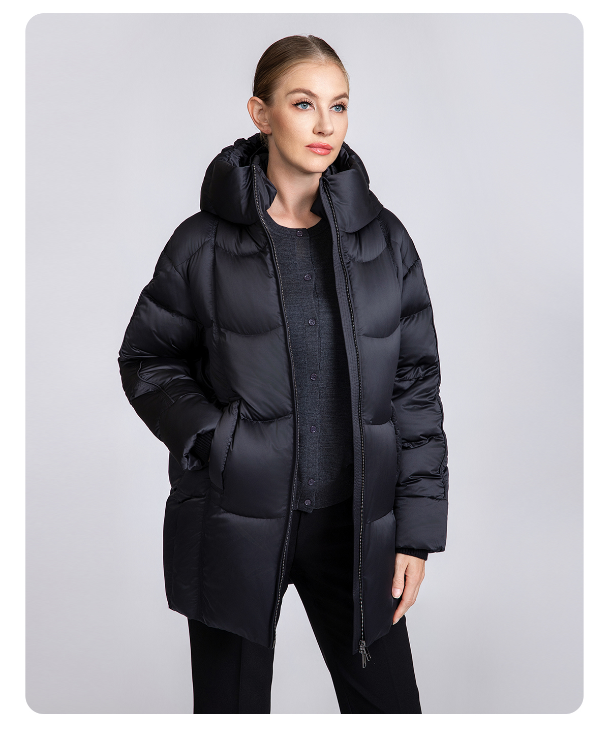 Women's Mid-Length Box Quilted 90% Duck Down Hooded Jacket