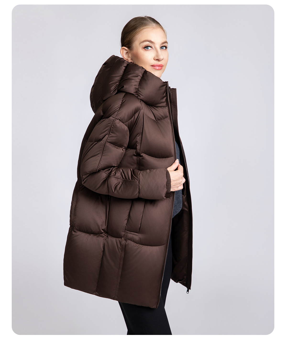 Women's Mid-Length Box Quilted 90% Duck Down Hooded Jacket