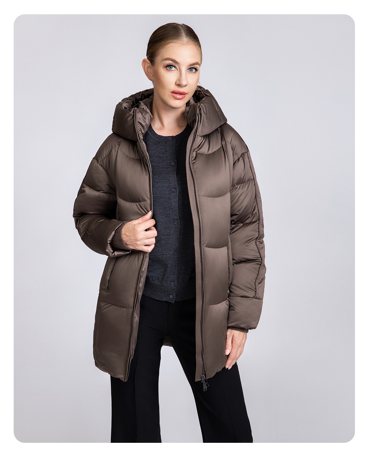 Women's Mid-Length Box Quilted 90% Duck Down Hooded Jacket