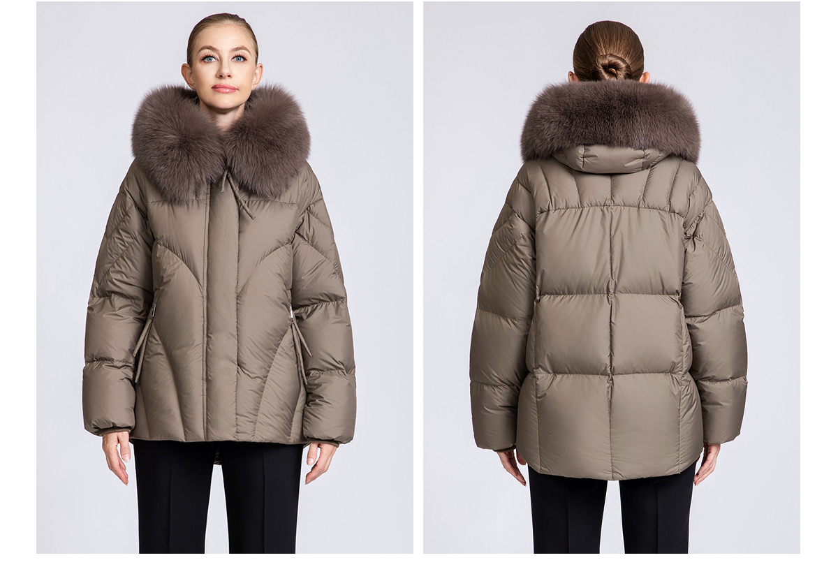 Women's Short Hooded 90% Duck Down Jacket with Fur Collar