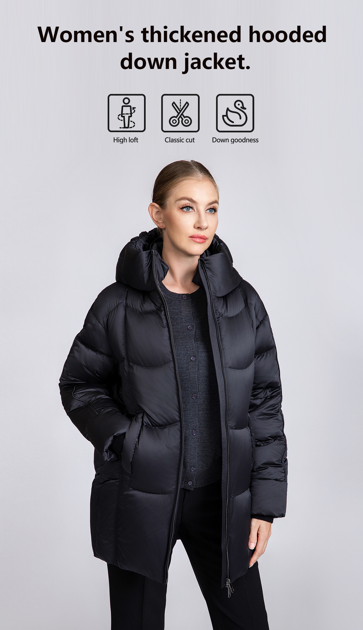 Women's Mid-Length Box Quilted 90% Duck Down Hooded Jacket