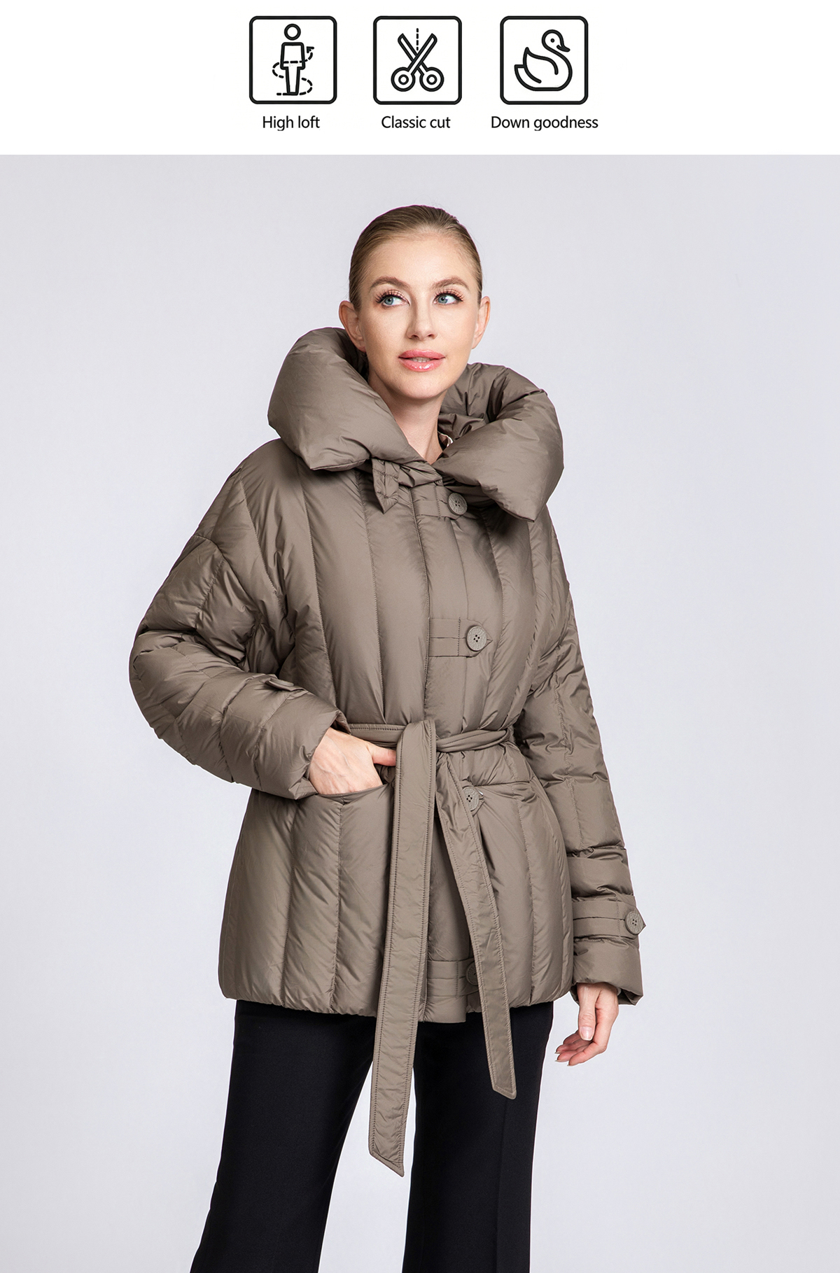 Women's Belted Short Hooded 90% Duck Down Jacket