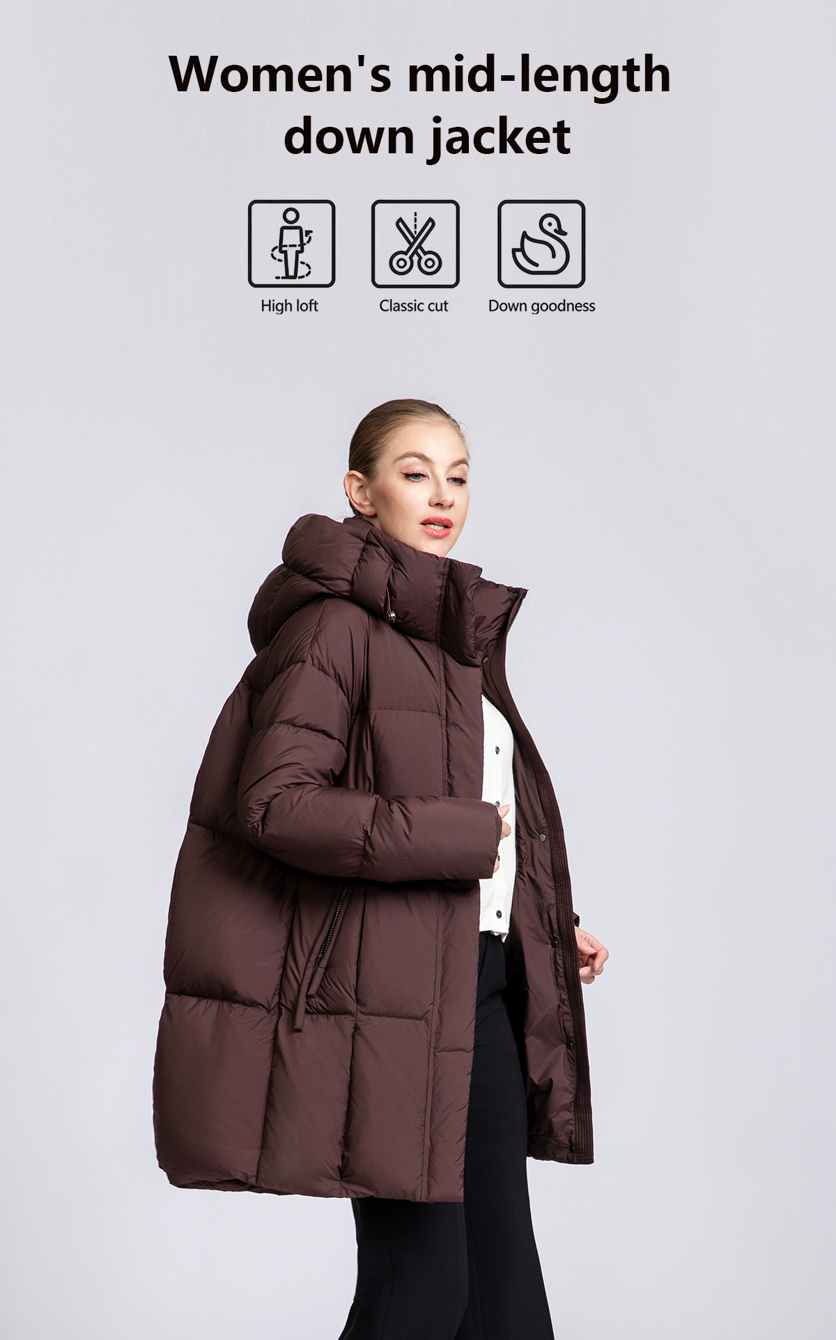 Women's Mid-Length Minimalist 90% Duck Down Hooded Jacket