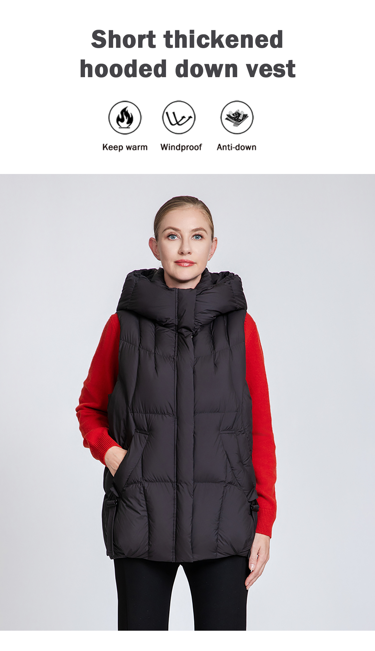 Women's thickened hooded down vest.