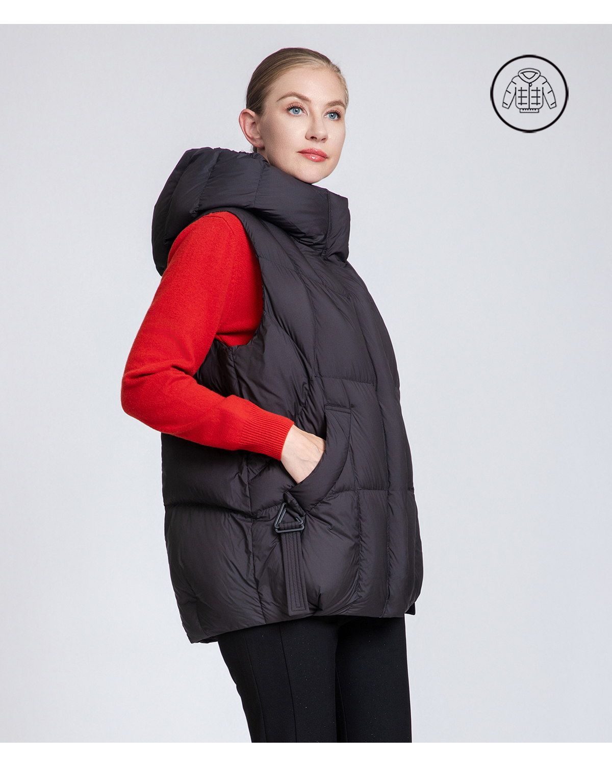 Women's thickened hooded down vest.