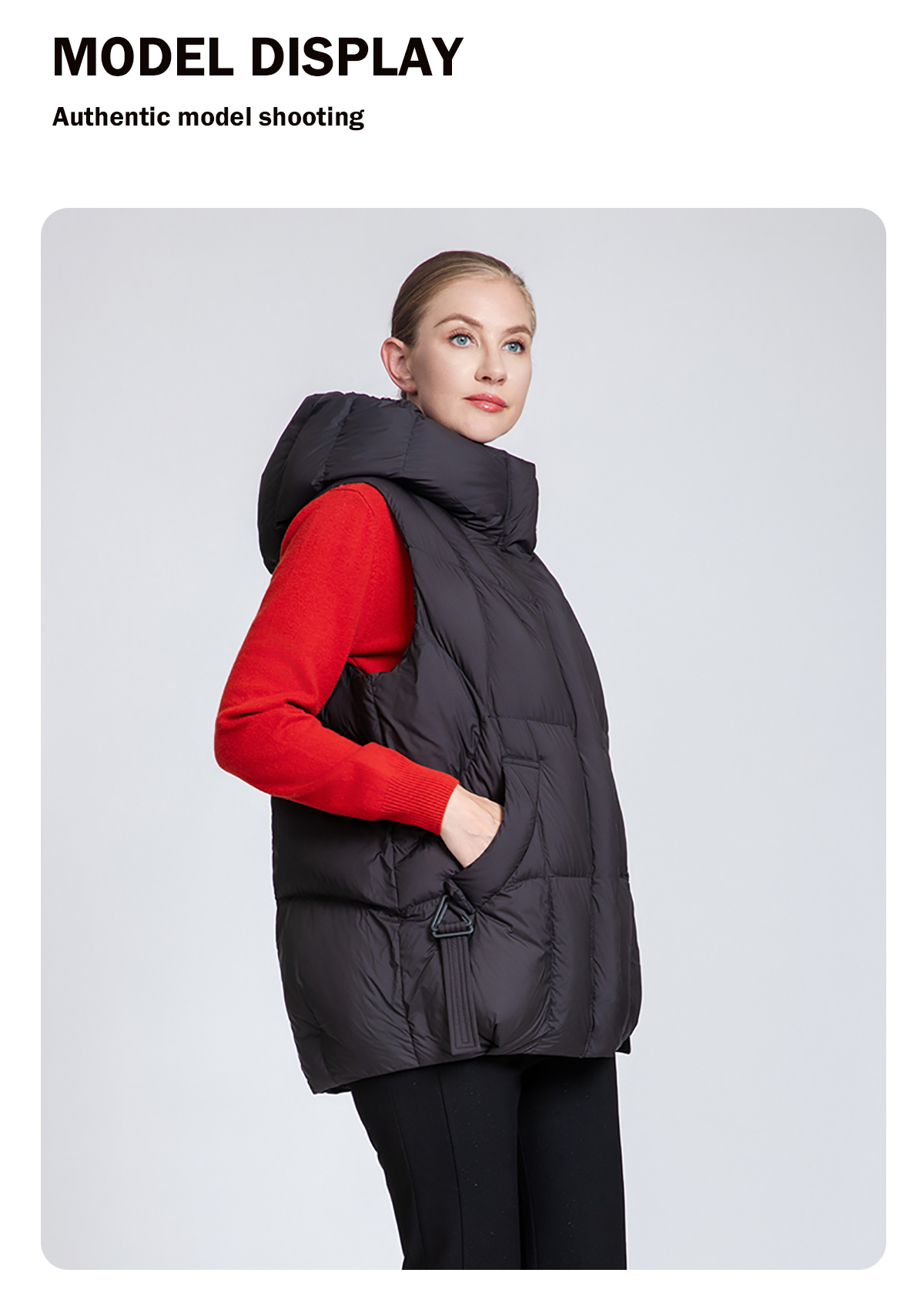 Women's thickened hooded down vest.