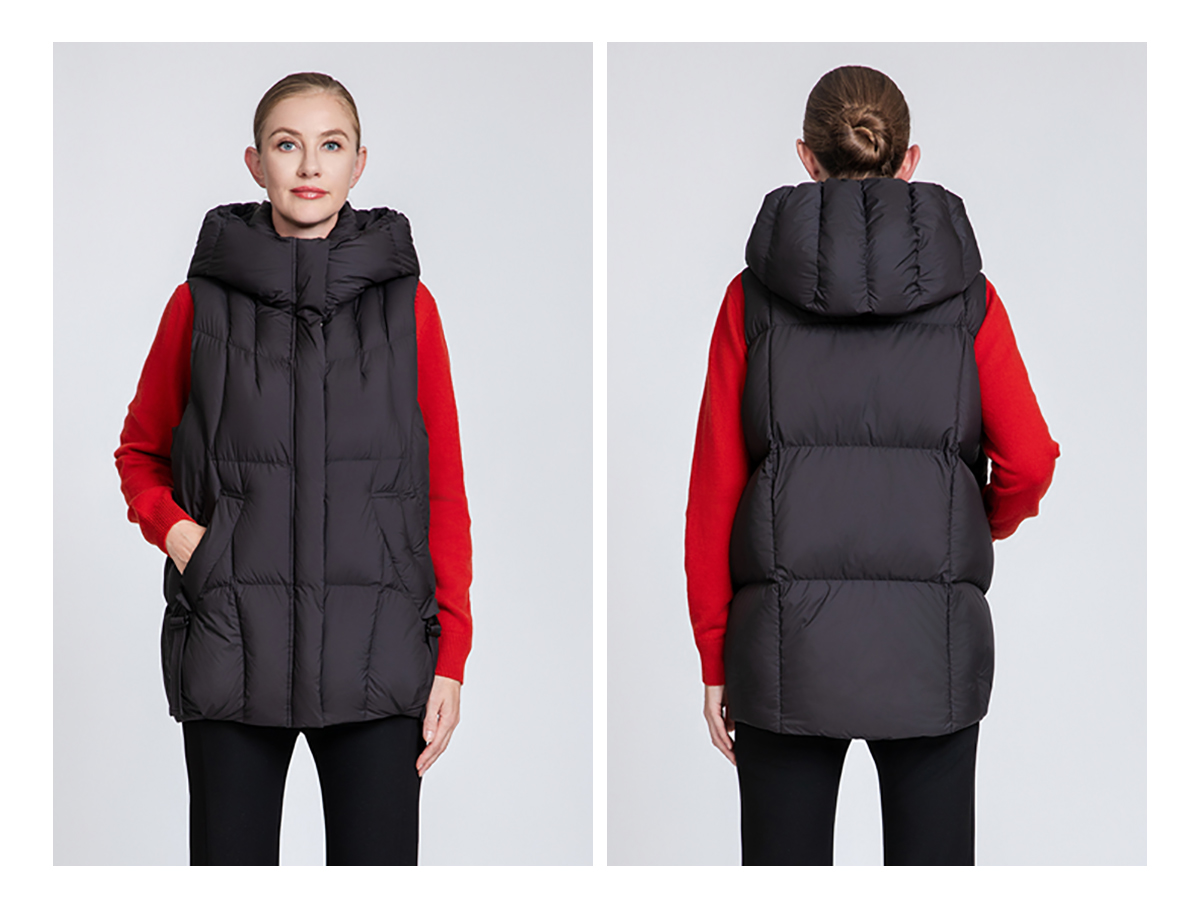 Women's thickened hooded down vest.