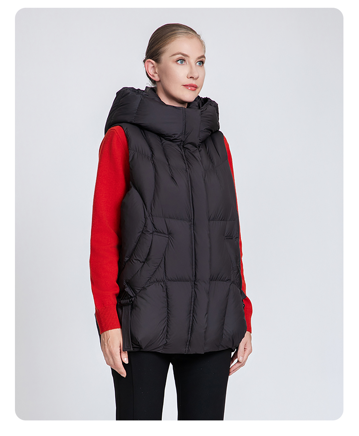 Women's thickened hooded down vest.