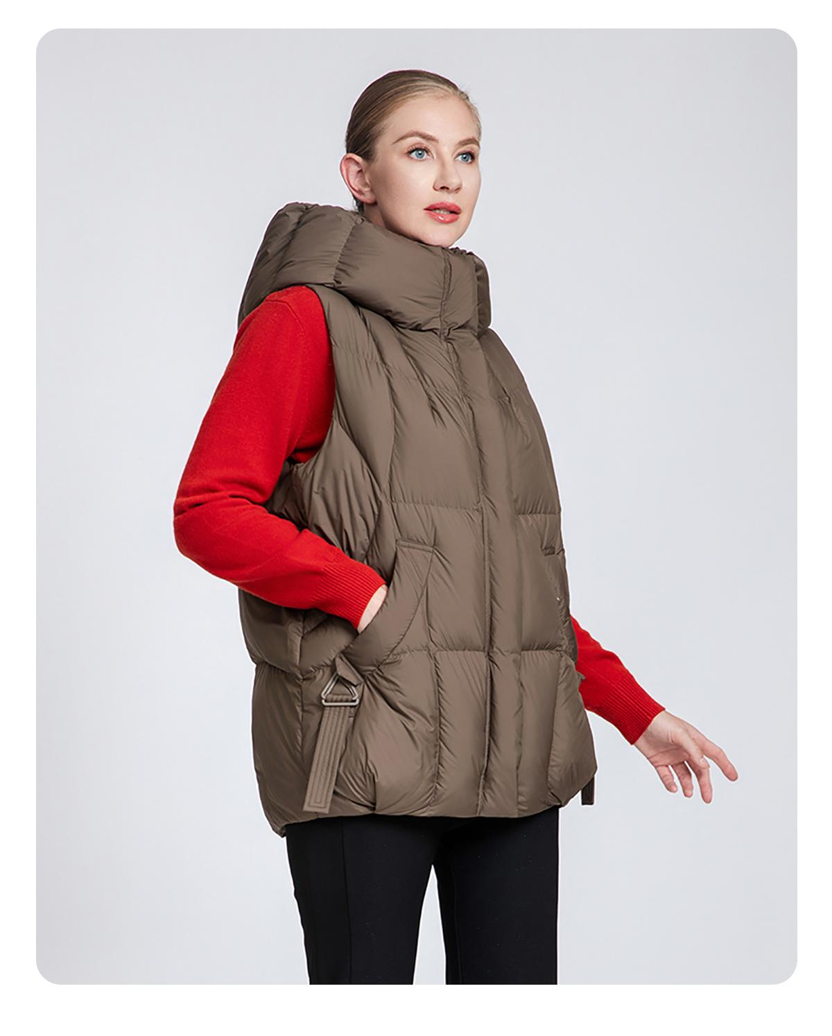 Women's thickened hooded down vest.