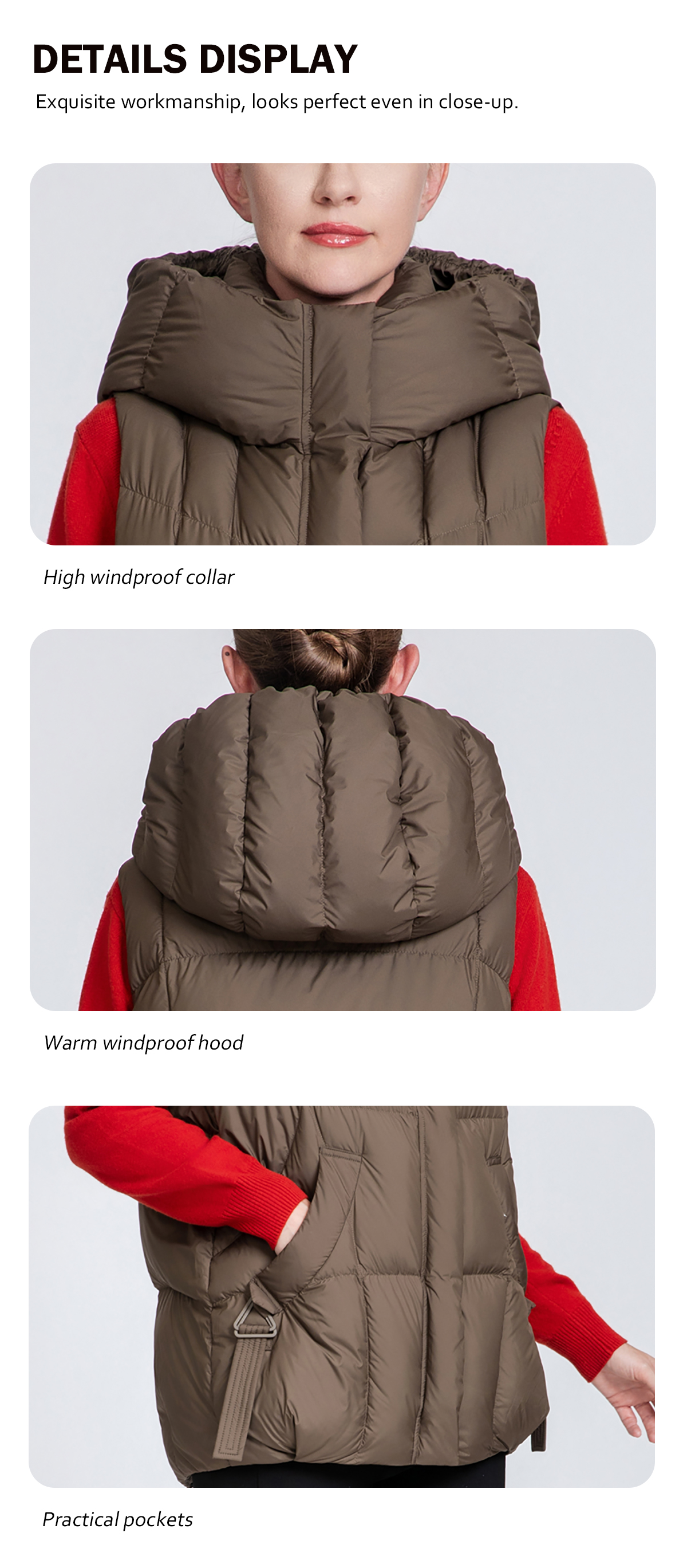Women's thickened hooded down vest.