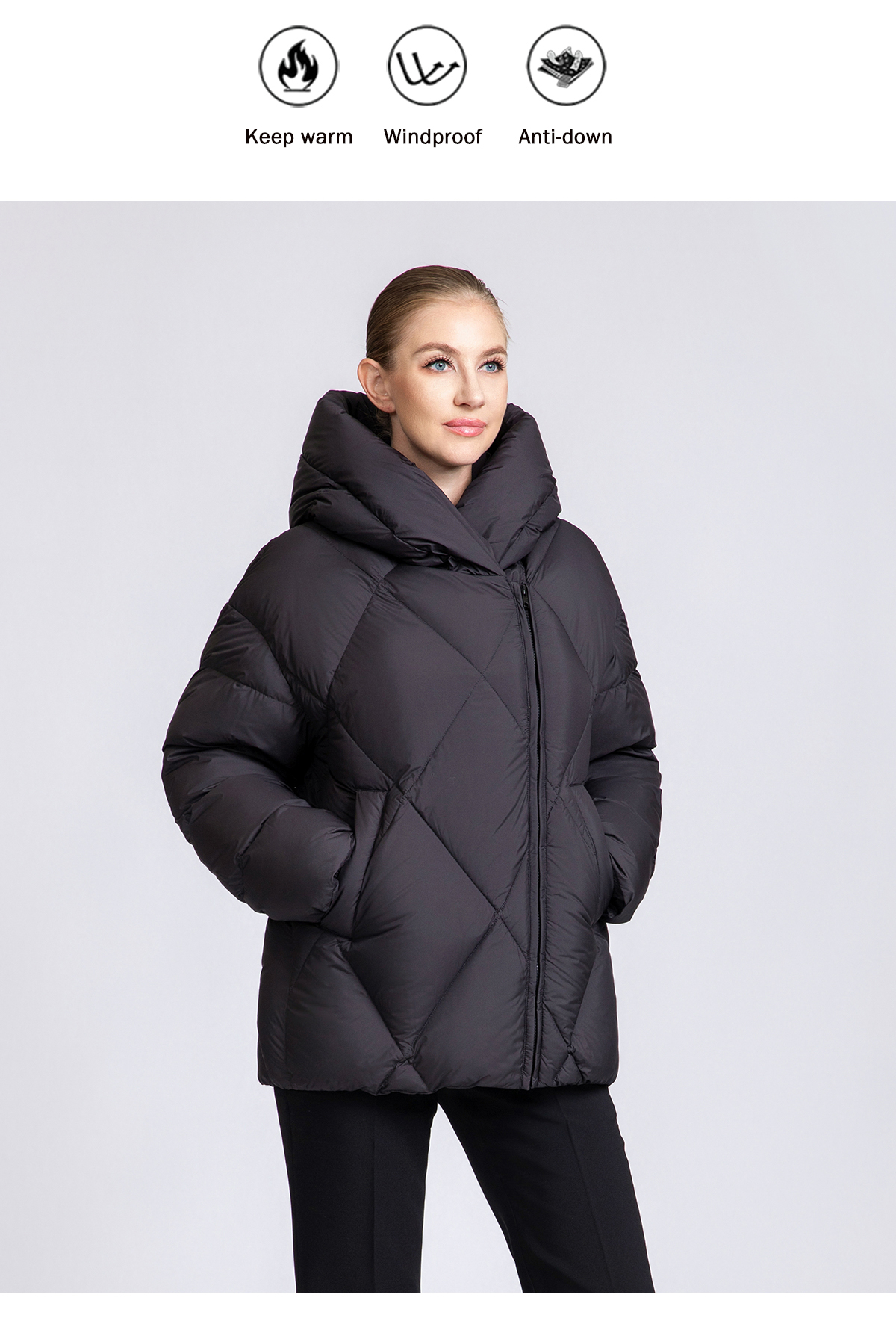 Women's thickened short hooded down jacket.