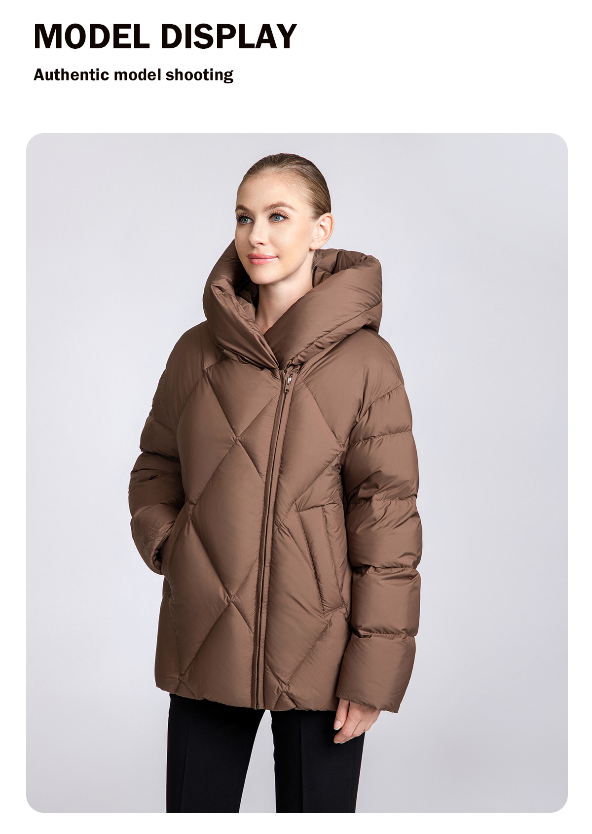Women's thickened short hooded down jacket.