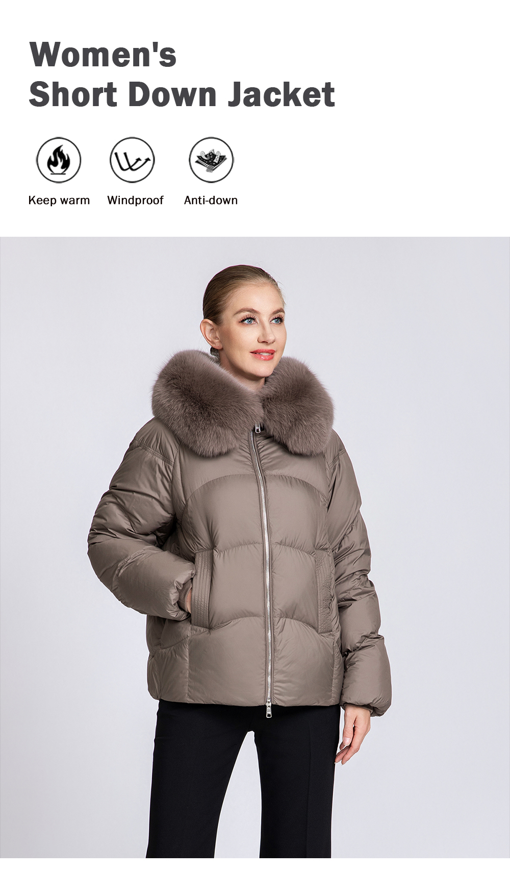 Women's short down jacket with fox fur collar