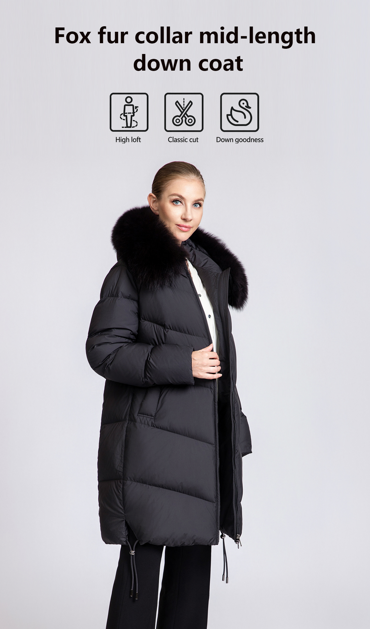 Women's Mid-Length 90% Duck Down Coat with Detachable Fox Fur Collar
