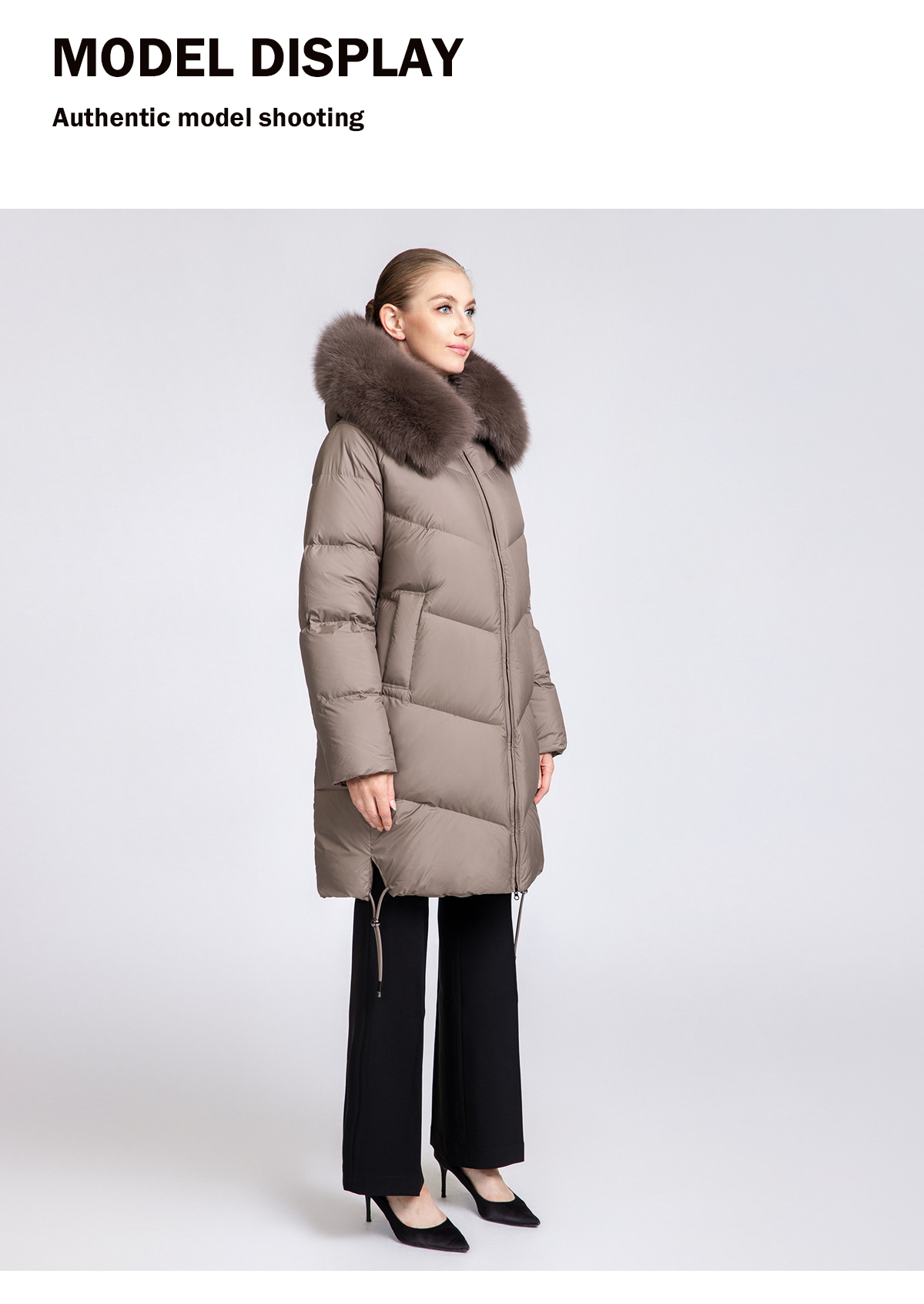 Women's Mid-Length 90% Duck Down Coat with Detachable Fox Fur Collar