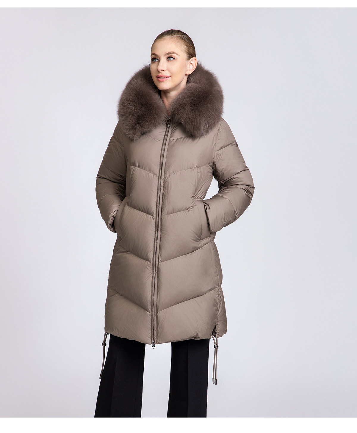 Women's Mid-Length 90% Duck Down Coat with Detachable Fox Fur Collar