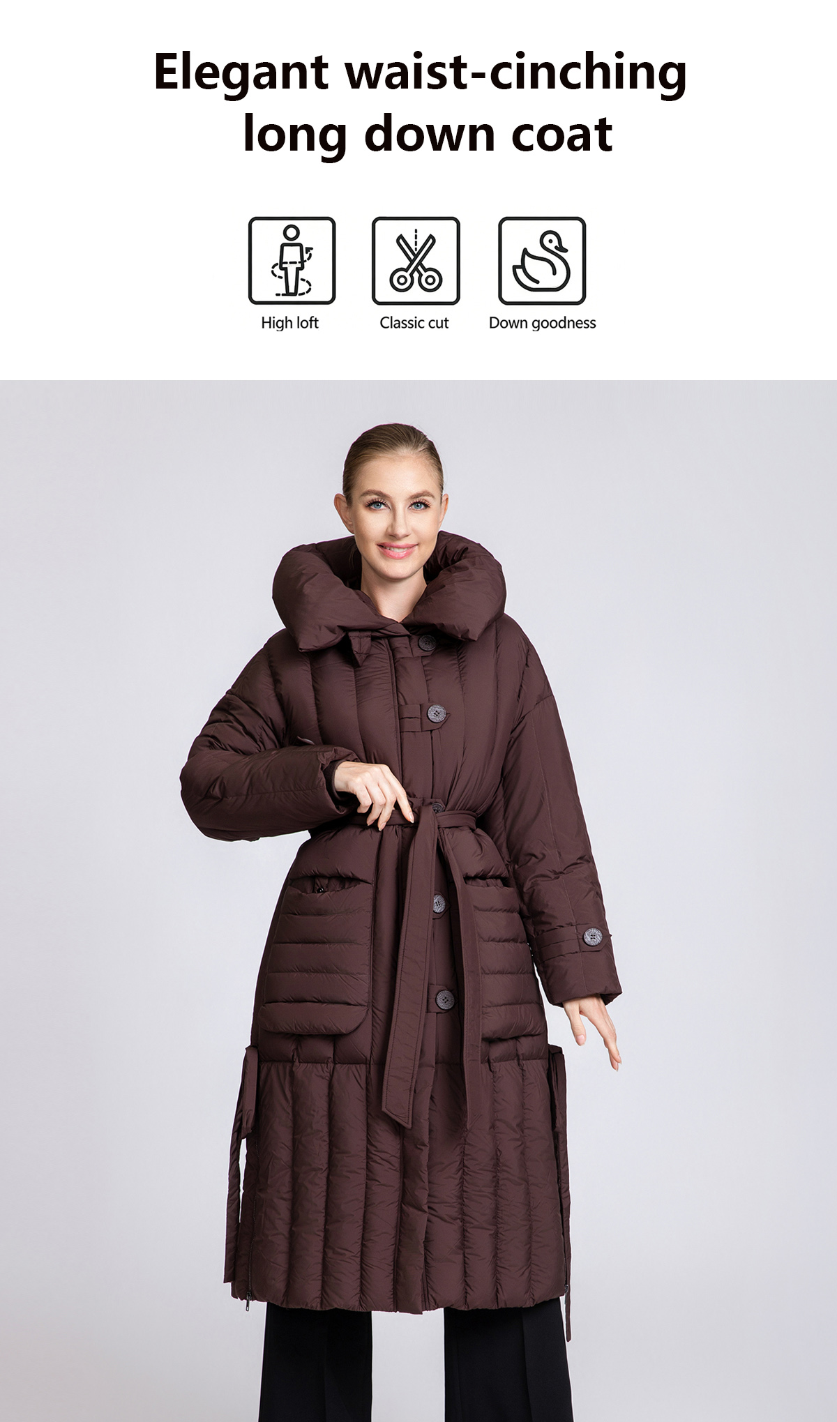 Women's 90% Duck Down Long Puffer Coat with Detachable Belt