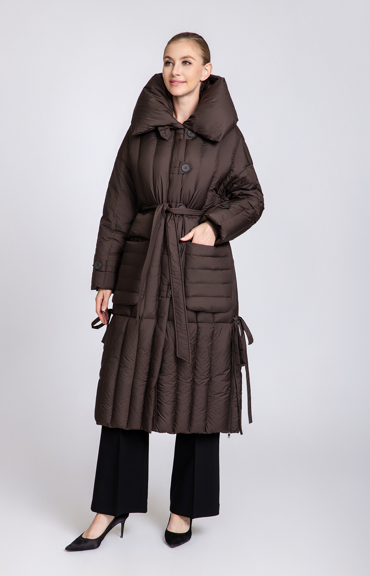 Women's 90% Duck Down Long Puffer Coat with Detachable Belt