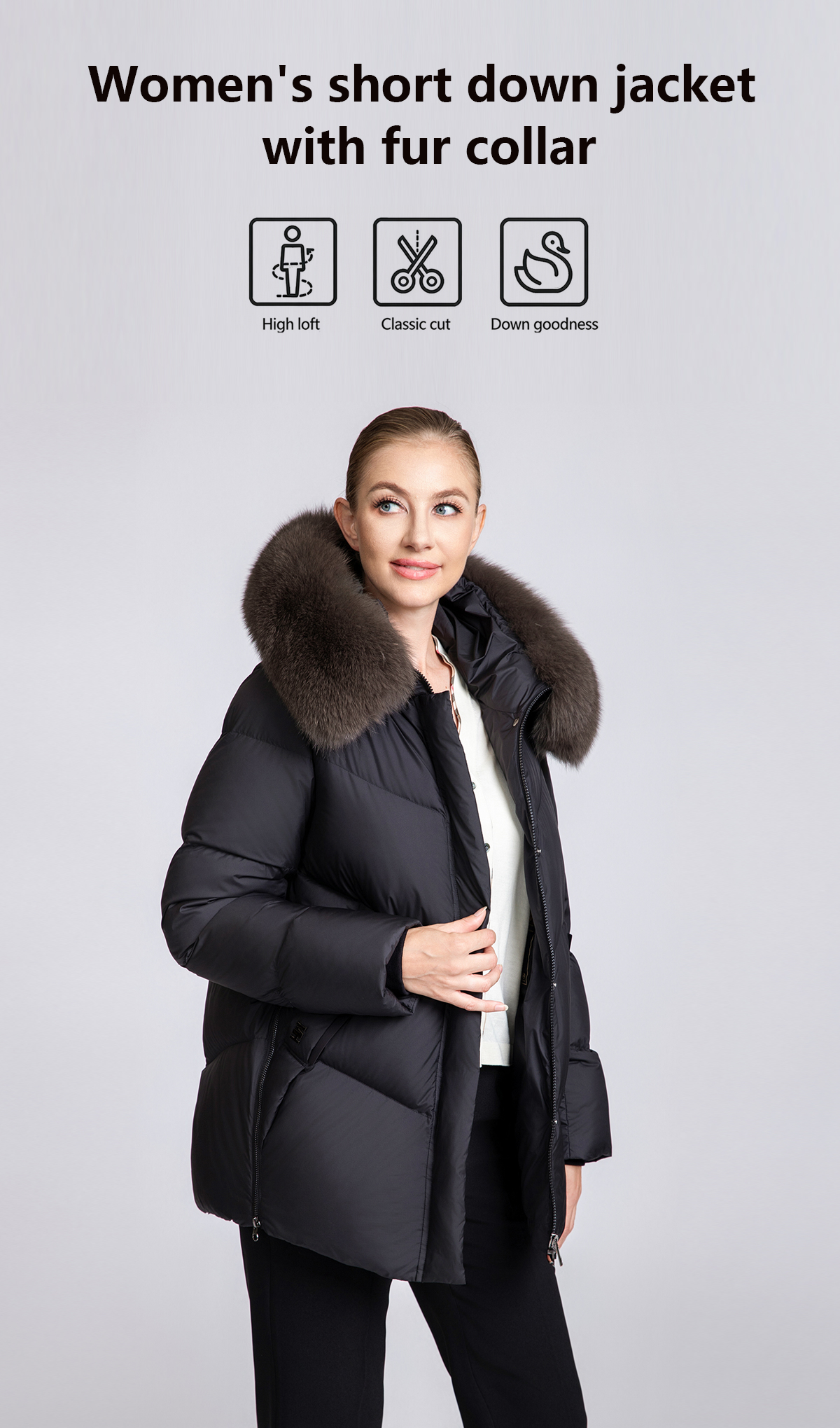Women's 90% Duck Down Short Puffer Coat with Detachable Fox Fur