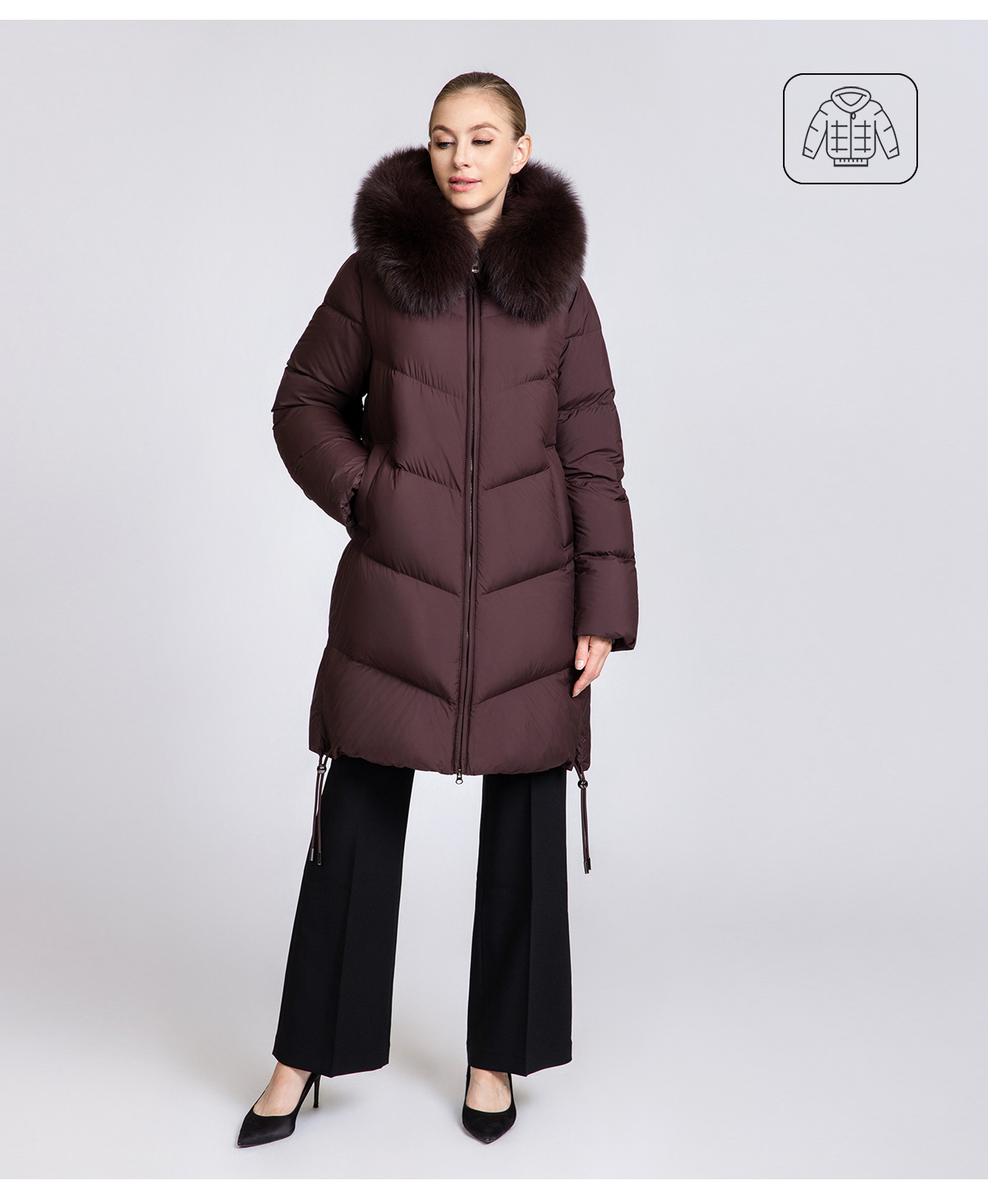 Women's Mid-Length 90% Duck Down Coat with Detachable Fox Fur Collar