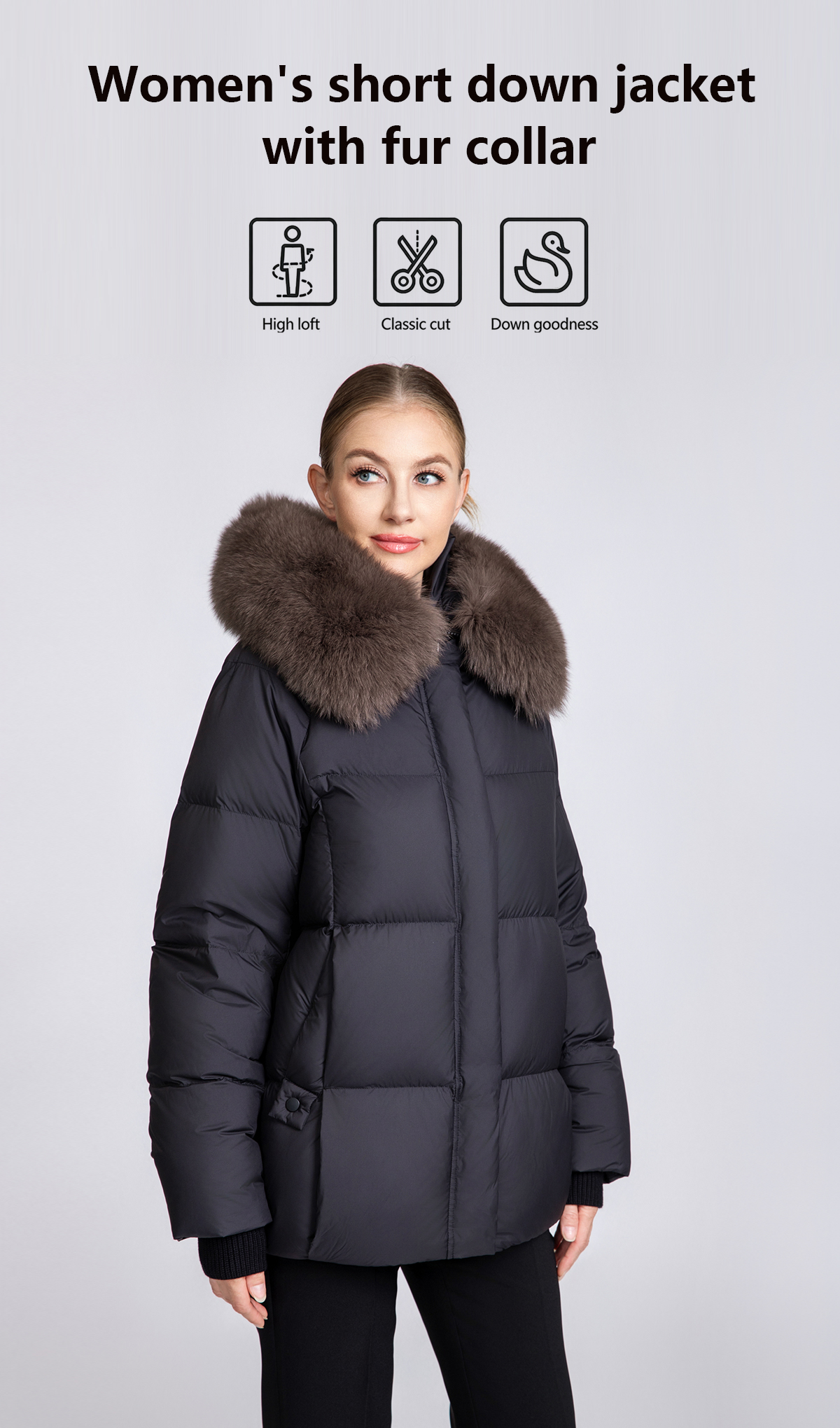 Women's 90% Duck Down Short Puffer Coat with Detachable Fox Fur