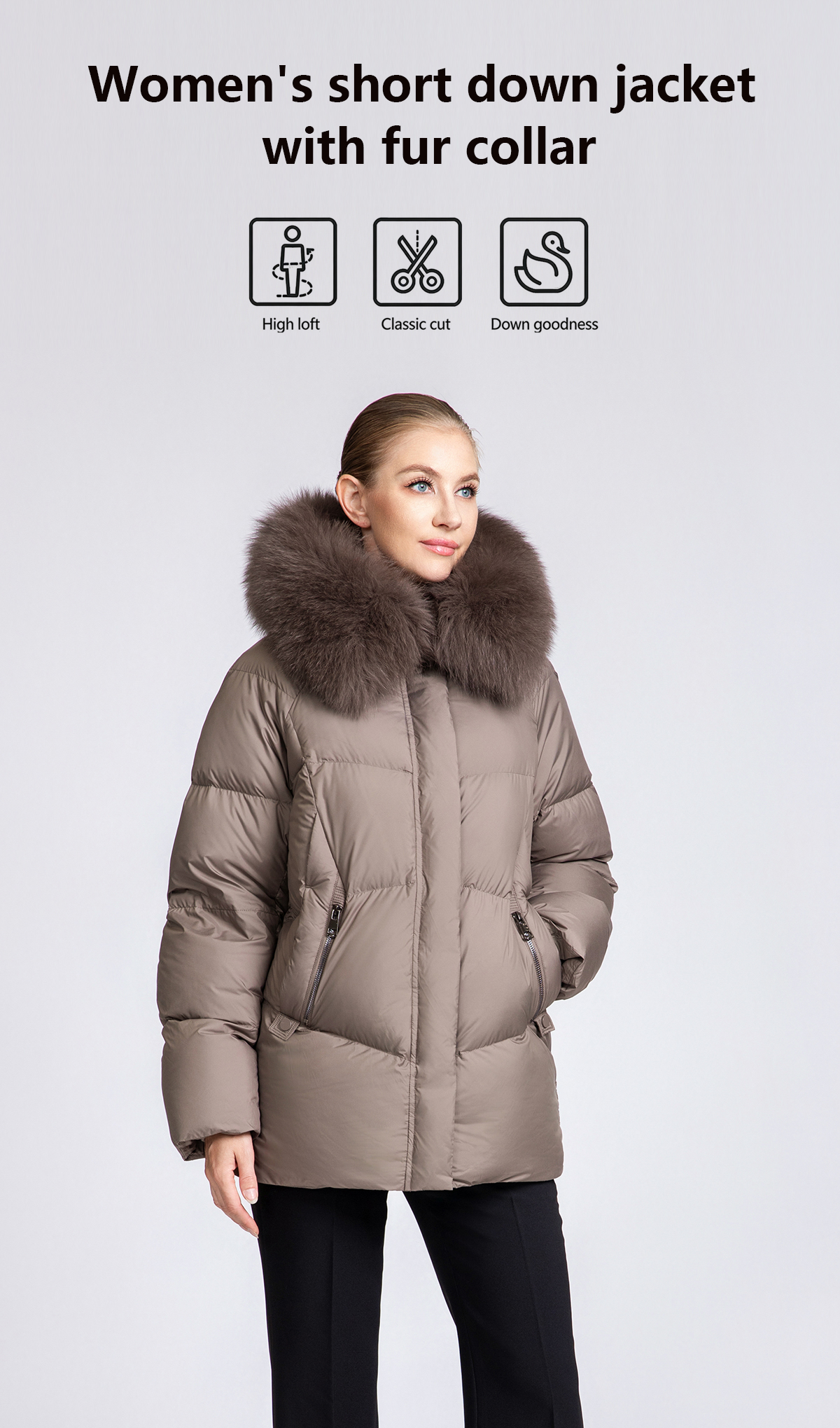 Women's Short Puffer Down Coat with Detachable Fox Fur Collar