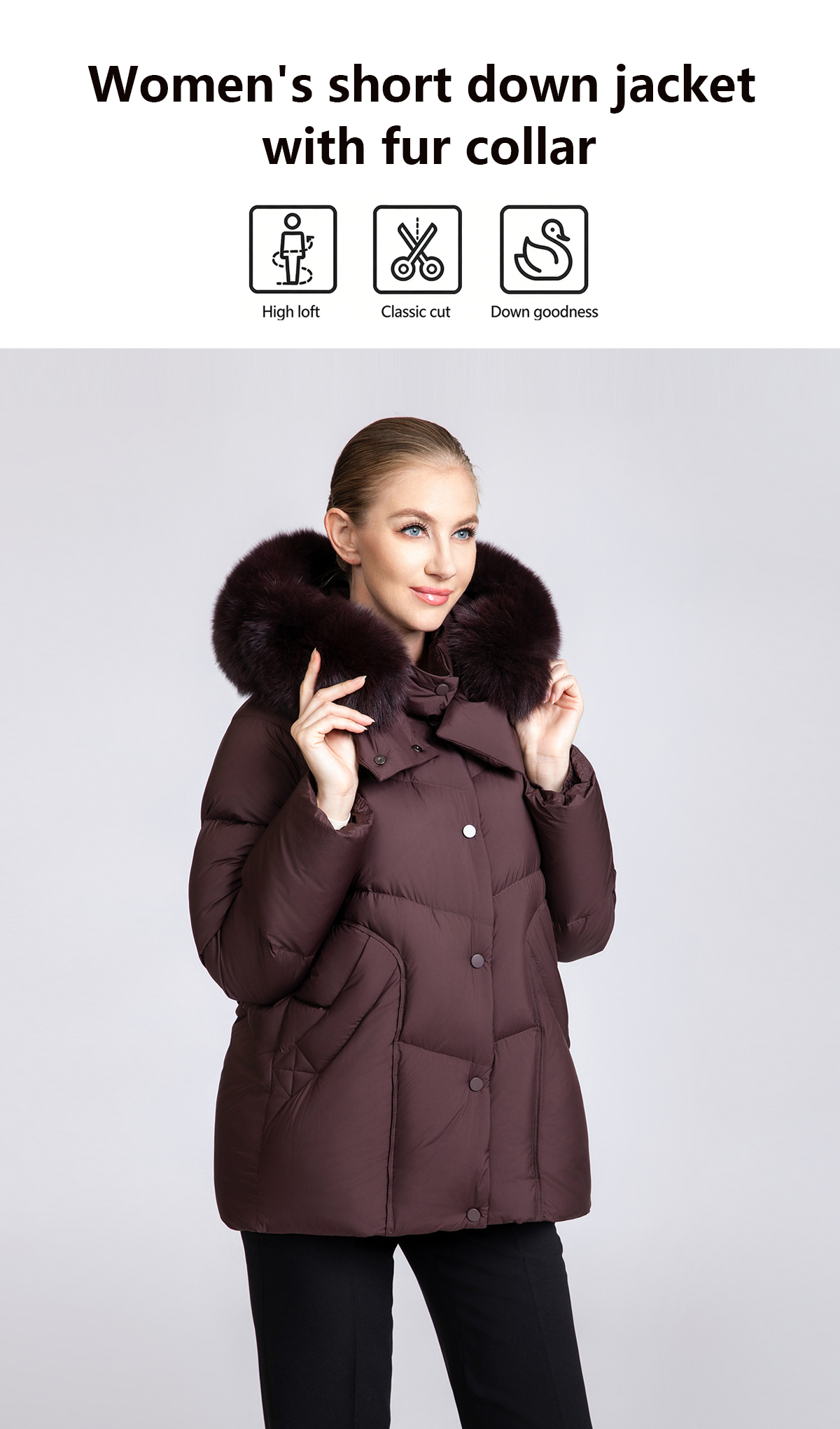 Women's Short Puffer Down Coat with Removable Fox Fur