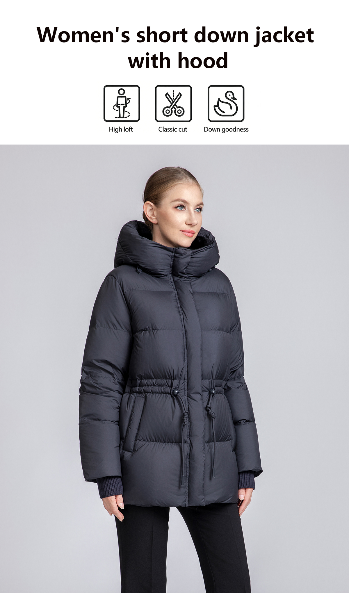 Women's Short Waist-Adjustable Hooded Down Jacket