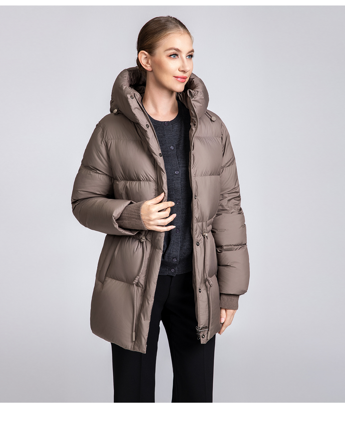 Women's Short Waist-Adjustable Hooded Down Jacket