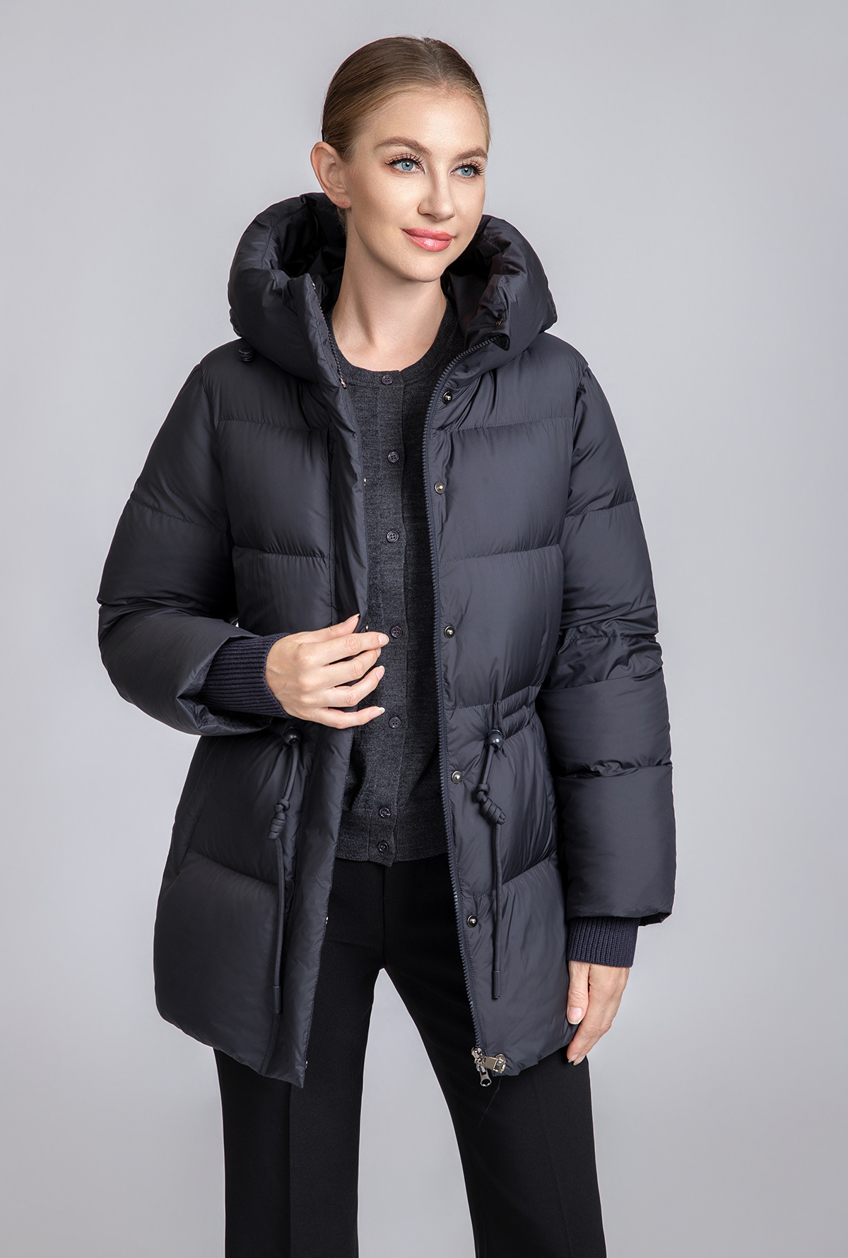 Women's Short Waist-Adjustable Hooded Down Jacket