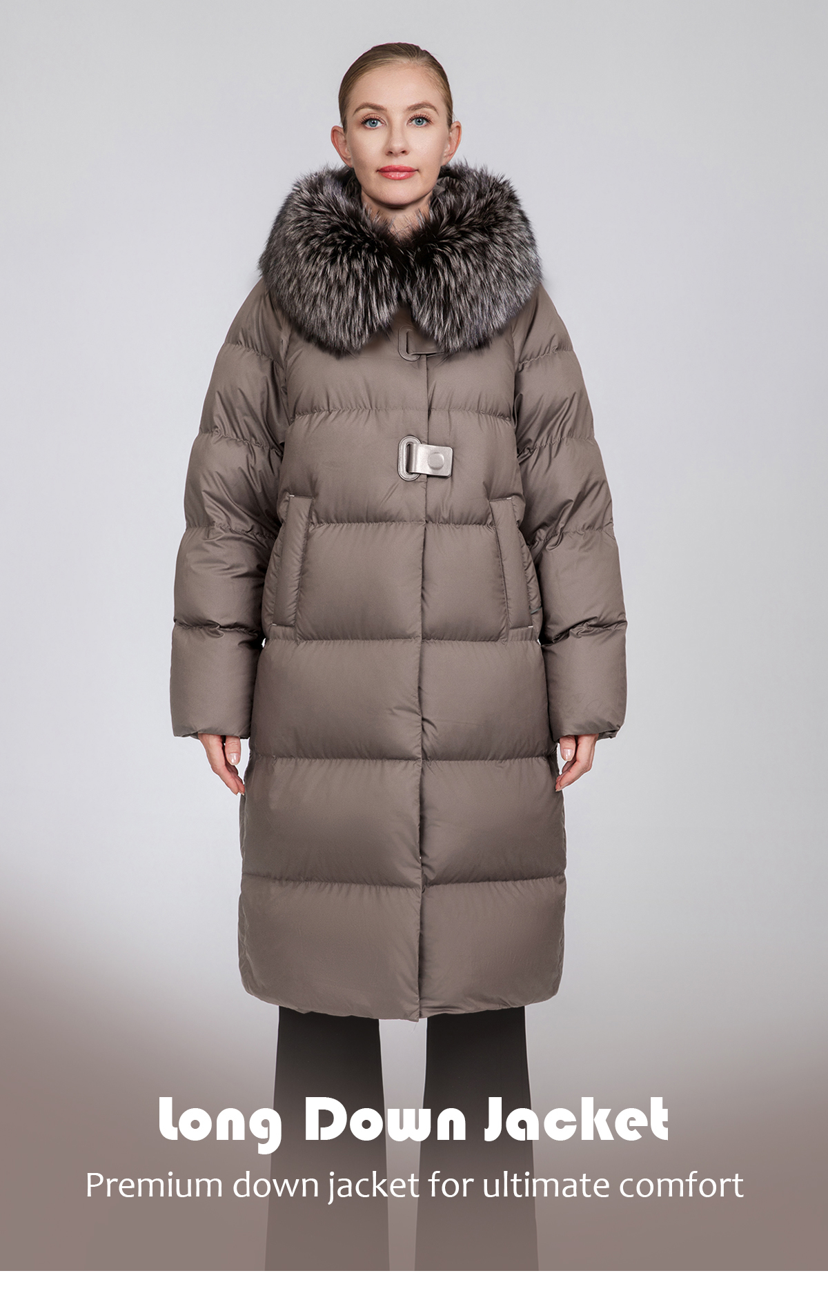 Women's Long Straight Down Coat with Removable Fur Collar