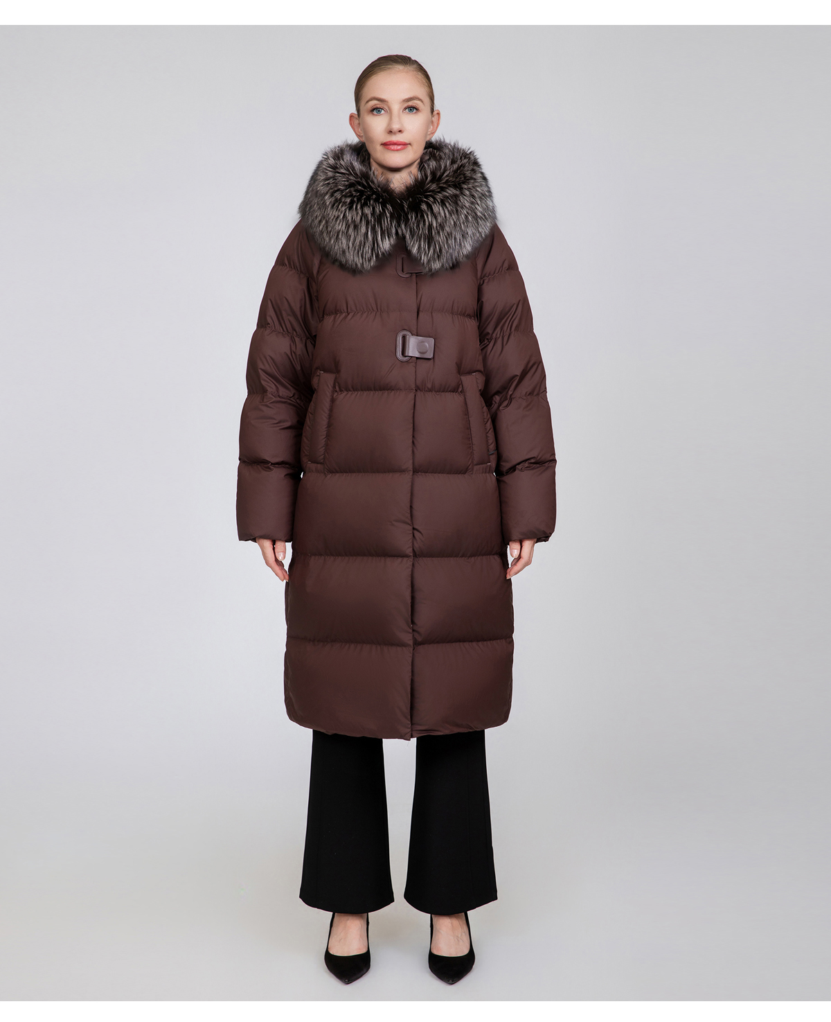 Women's Long Straight Down Coat with Removable Fur Collar
