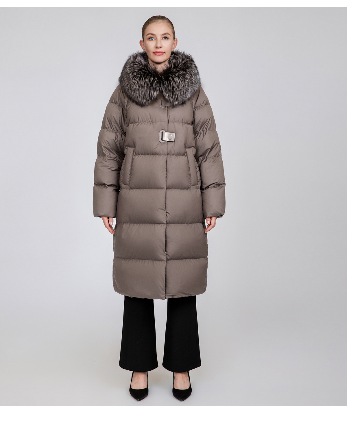 Women's Long Straight Down Coat with Removable Fur Collar
