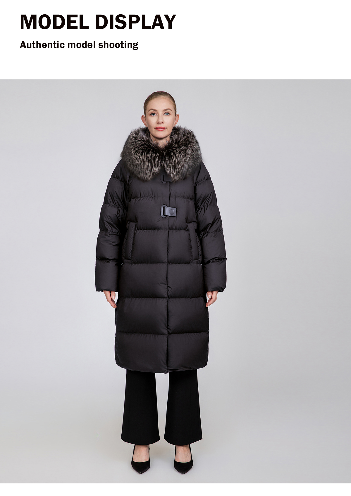 Women's Long Straight Down Coat with Removable Fur Collar