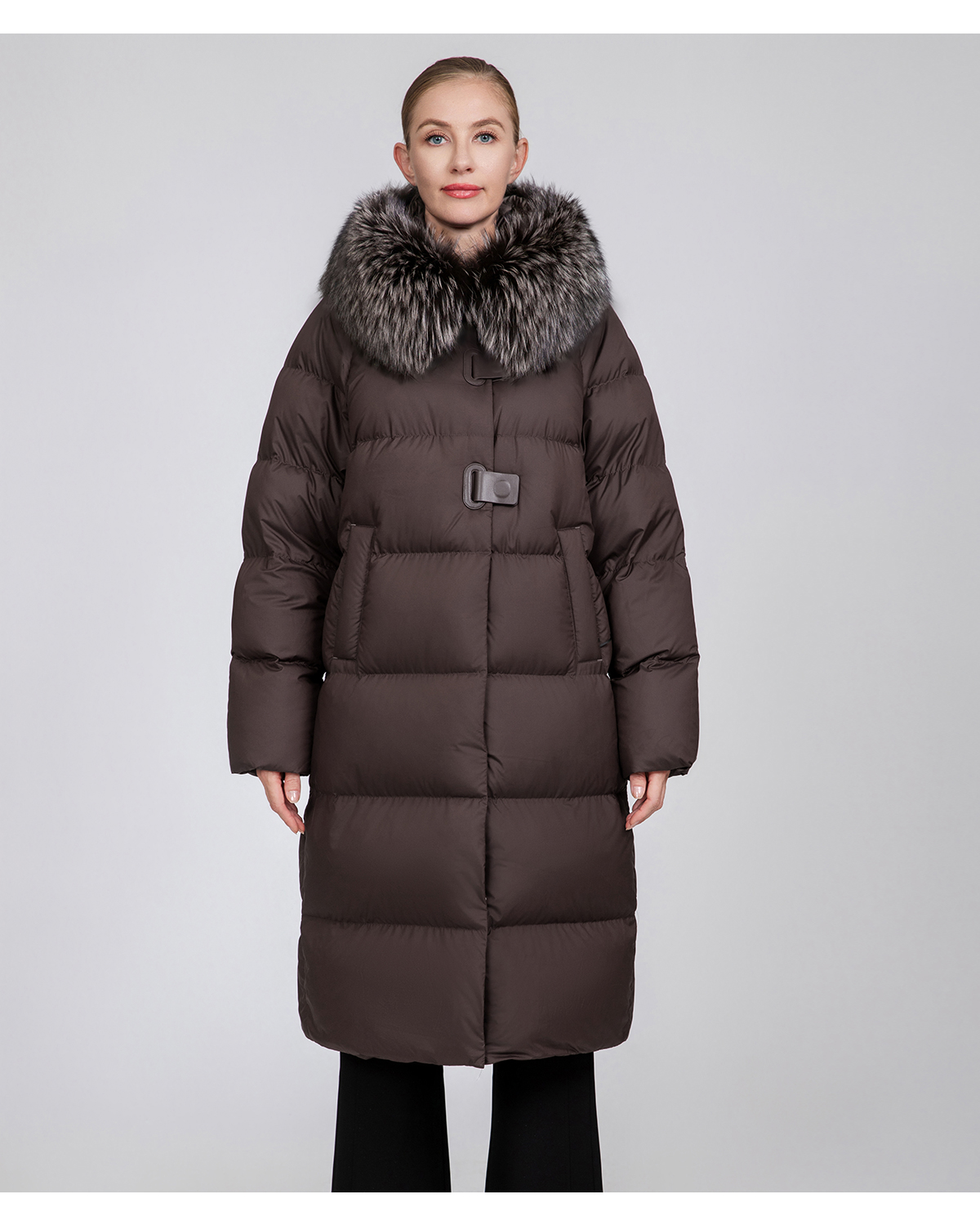 Women's Long Straight Down Coat with Removable Fur Collar