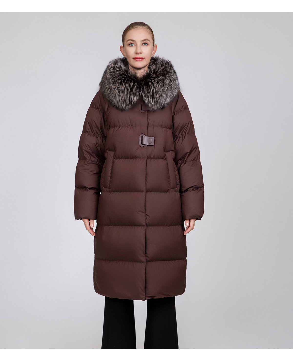 Women's Long Straight Down Coat with Removable Fur Collar